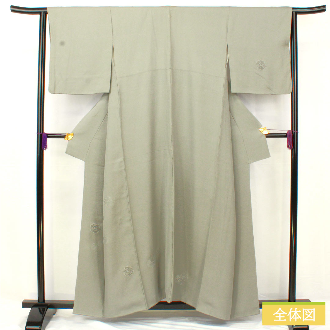 訪問着 正絹 袷 身丈156cm 裄丈62.5cm 灰色(はいいろ) 汕頭刺繡 一つ紋 片喰 雪輪 椿 Sランク グレー系 1112005022322