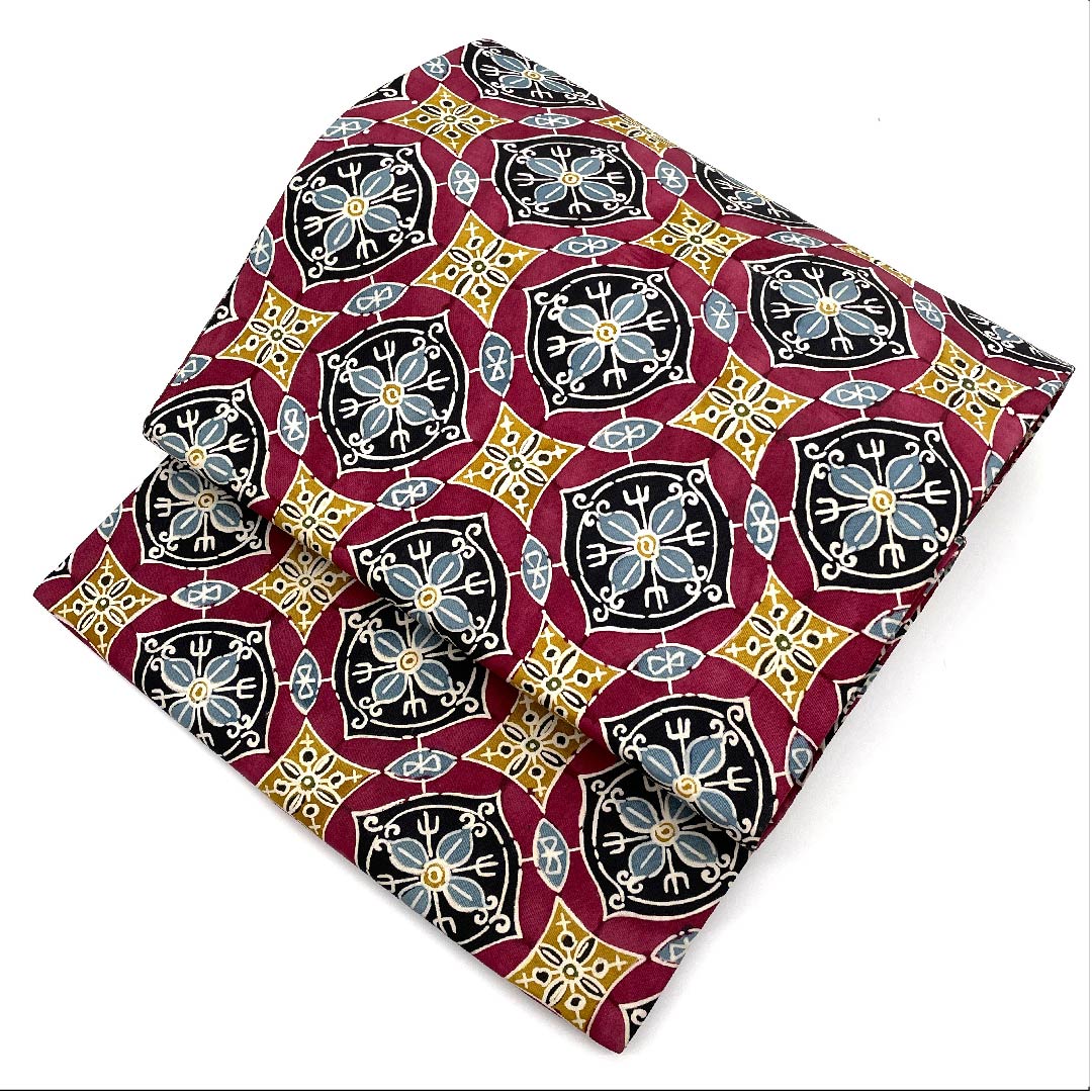 Nagoya obi, crimson, geometric pattern, Kyoto Bingata, obi length 342cm, pure silk, S rank, full length, casual, purple, 1124003642320, Nagoya style