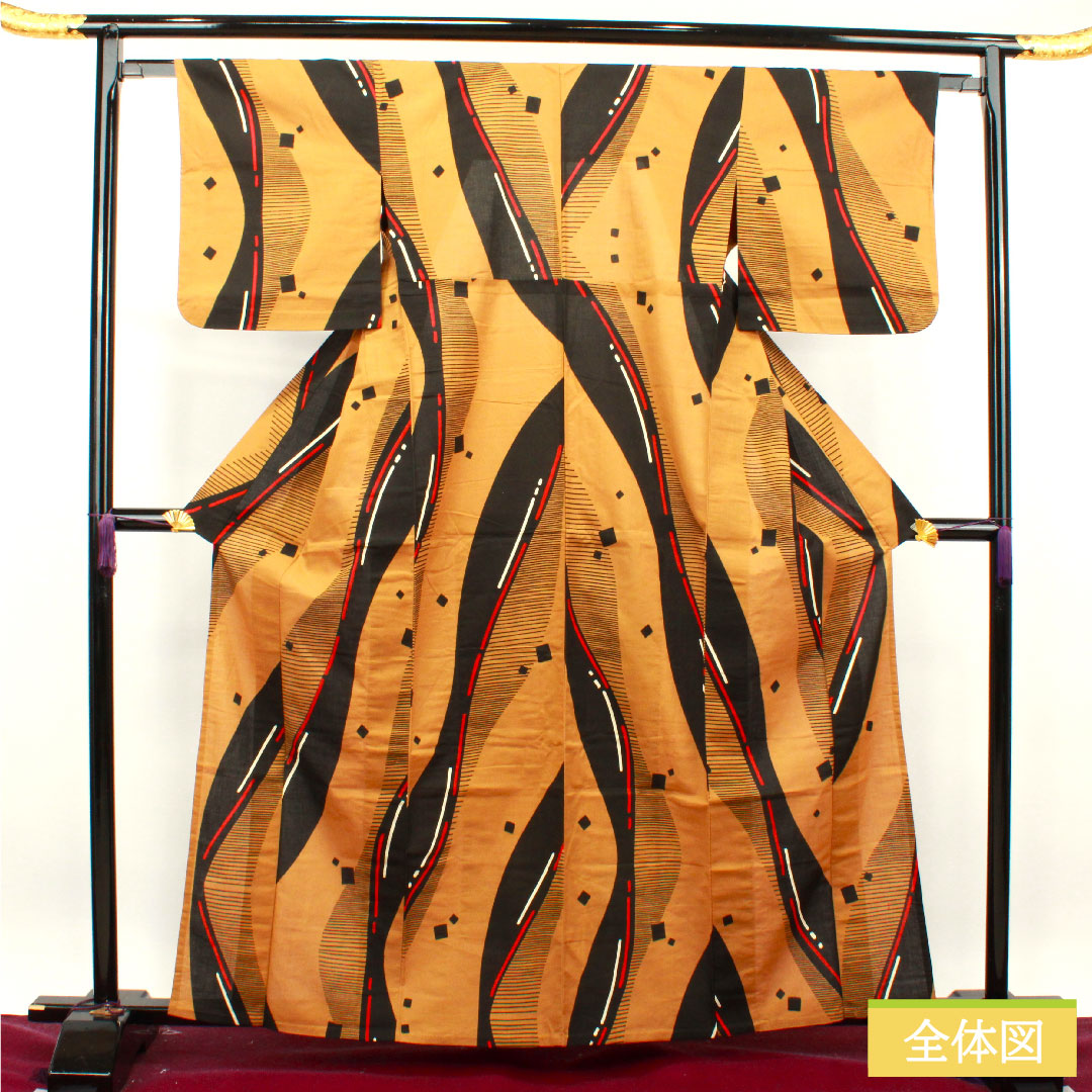 Yukata Cotton Length 163.5cm Sleeve length 62.5cm A rank Single layer Brown Fox color Geometric pattern 1118004843414