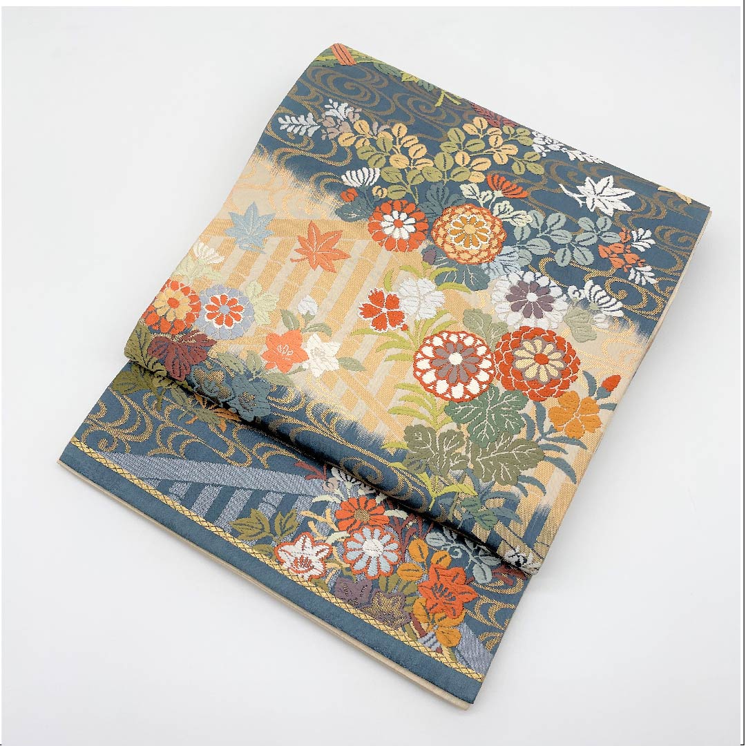 袋帯 薄縹色(うすはなだいろ) 象牙色(ぞうげいろ) 唐織 花柴竹垣紋 帯丈432cm 正絹 Aランク 六通 セミフォーマル グラデーション系 1123005353399