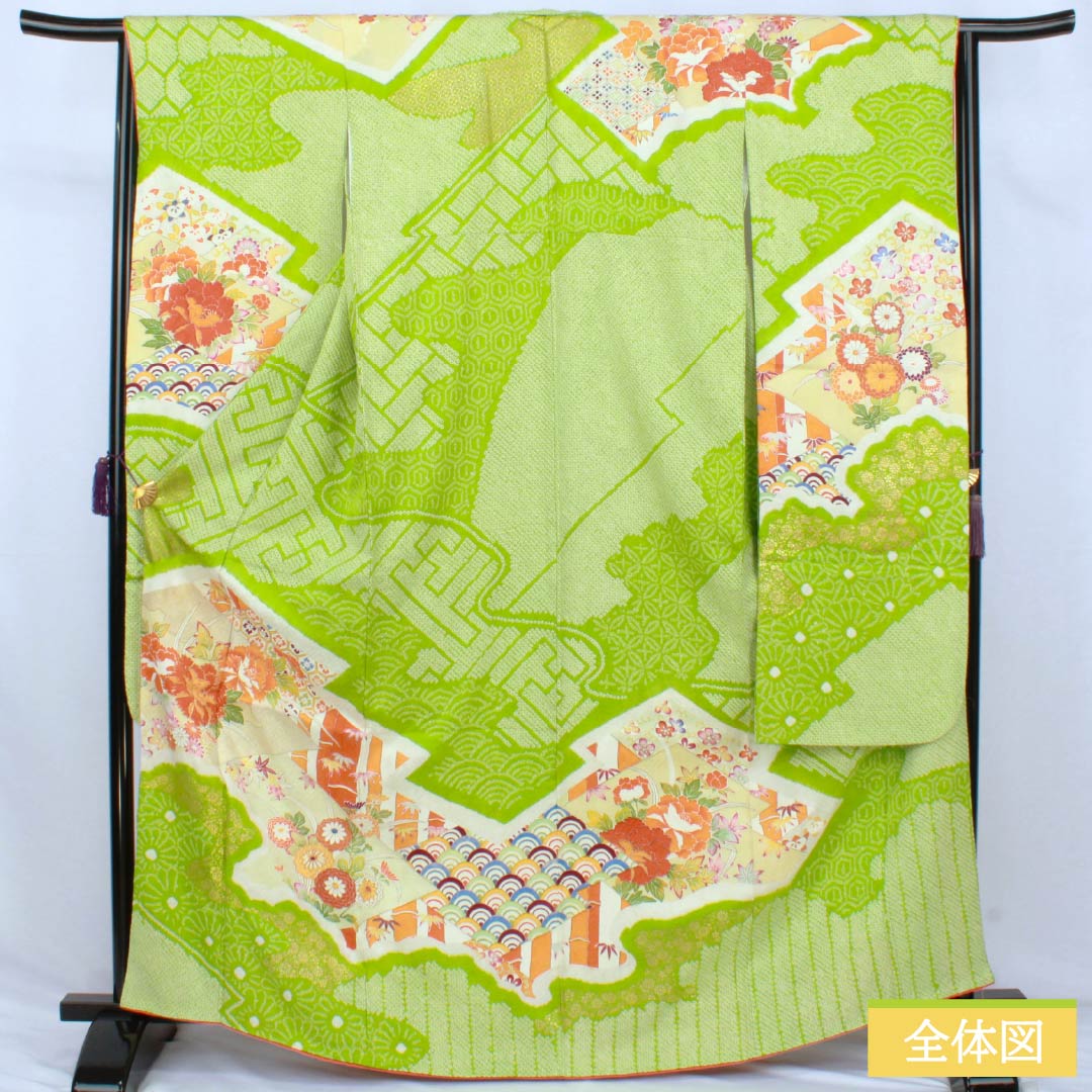 Furisode Pure Silk A Rank Length 167.5cm Sleeve-to-sleeve 64.5cm Lined Moegiiro (Yellowish Green) Kyo Yuzen Shibori Classic Pattern Green 1113002813519