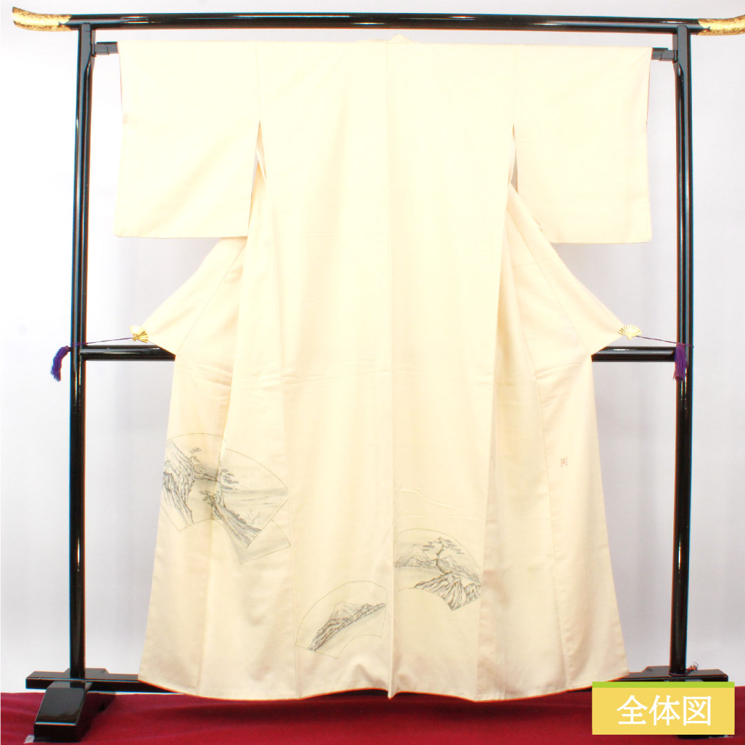 色留袖 正絹 身丈159.5cm 裄丈65.5cm 袷 練色(ねりいろ) 紬地 手描き友禅 富士山 Aランク クリーム系 1111001323315