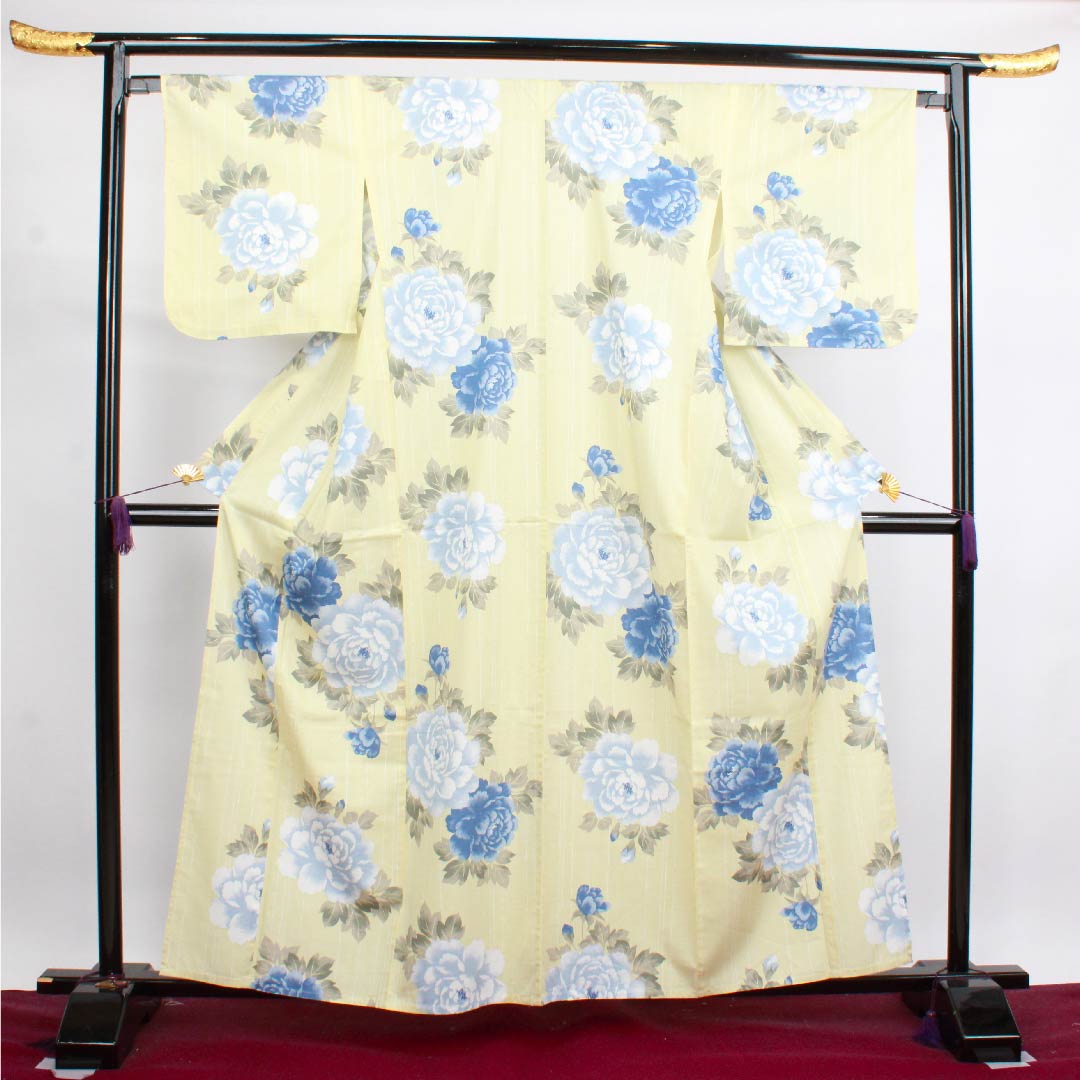 浴衣 薄黄蘗色 牡丹木綿 Sランク 単衣 身丈161.5cm 裄丈66cm 黄系 1118004442423