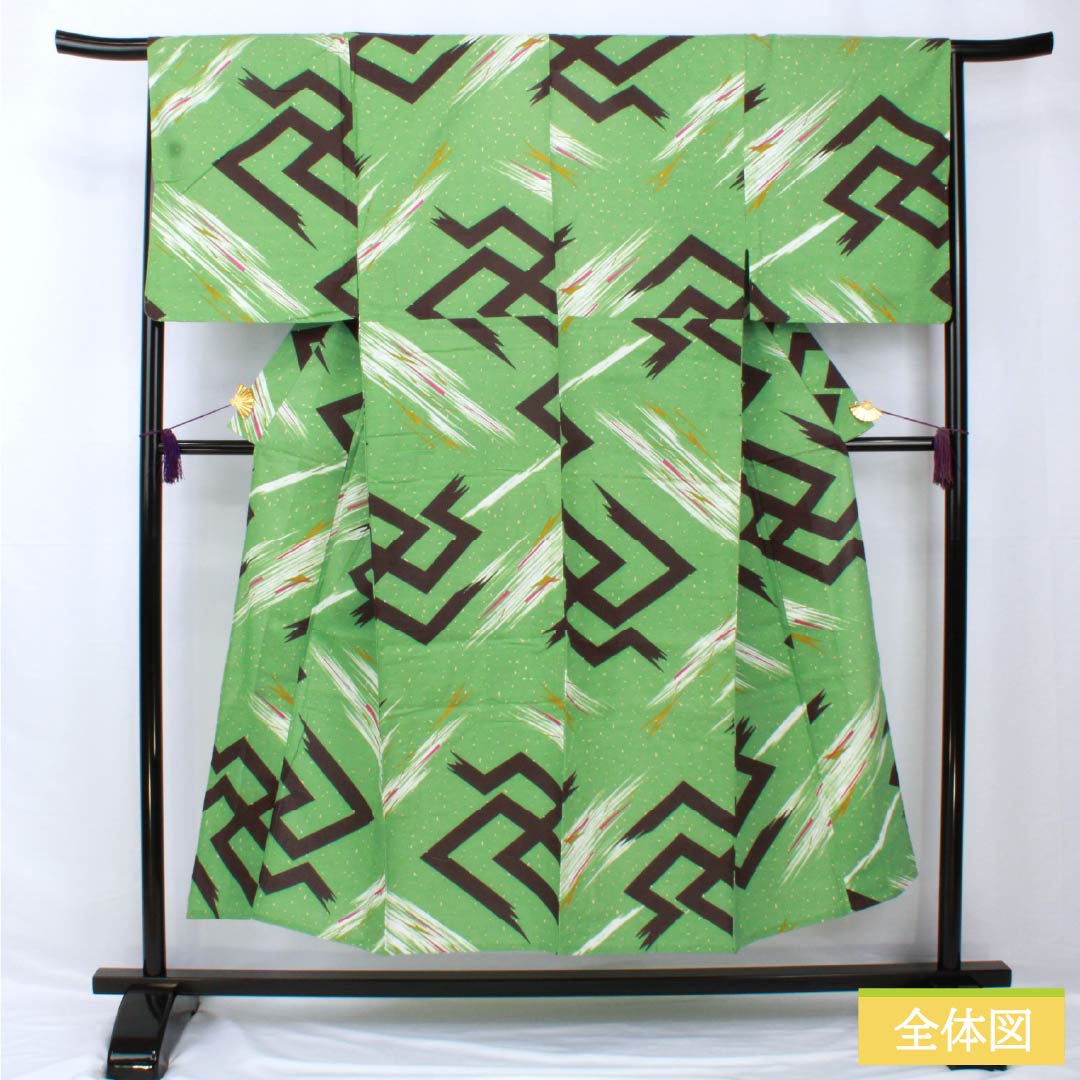 Yukata Cotton Length 149cm Sleeve length 67cm S rank Single layer Green Bright green (Senryoku-iro) Swastika 1118005452119