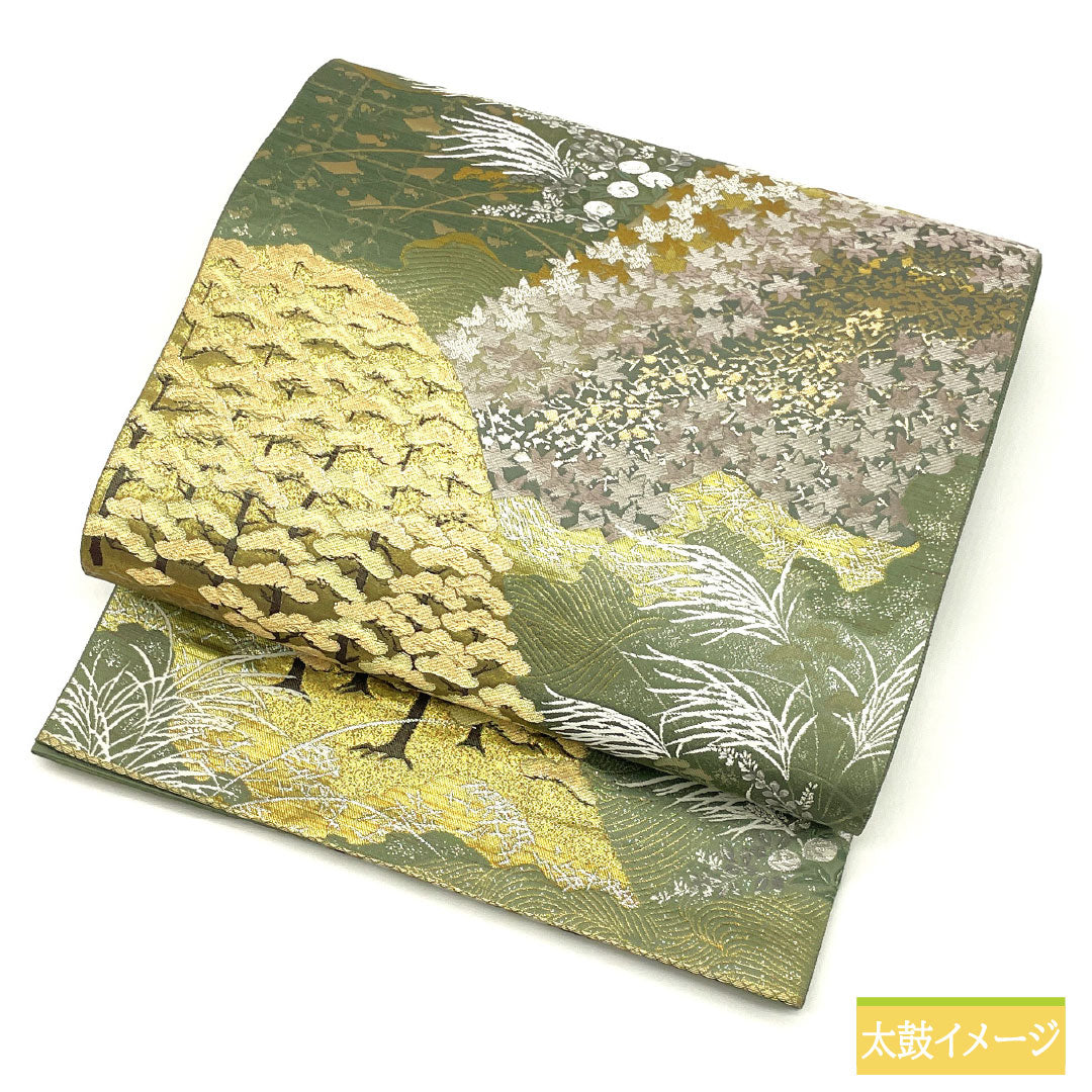 Fukuro Obi (Sash), Pure Silk, Grade A, 900 Nishijin Weave, Four Seasons of Arashiyama, Length 434cm, Six-Ply, Formal, Green, 1123016953319