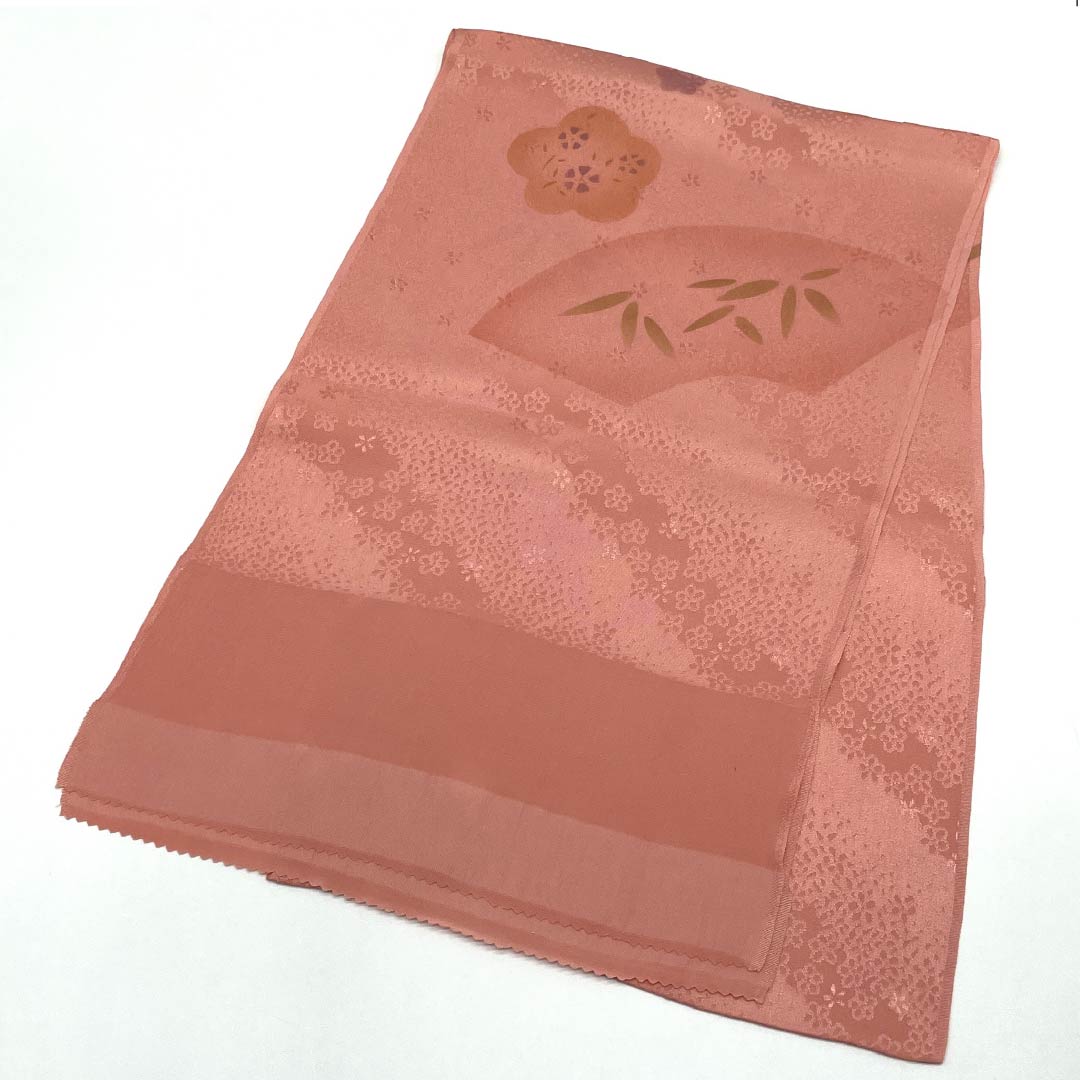 (New old stock) Formal obiage, pure silk, coral color, plum, fan surface, bamboo, length 176cm, width 29cm, S rank, pink, 1136000192913