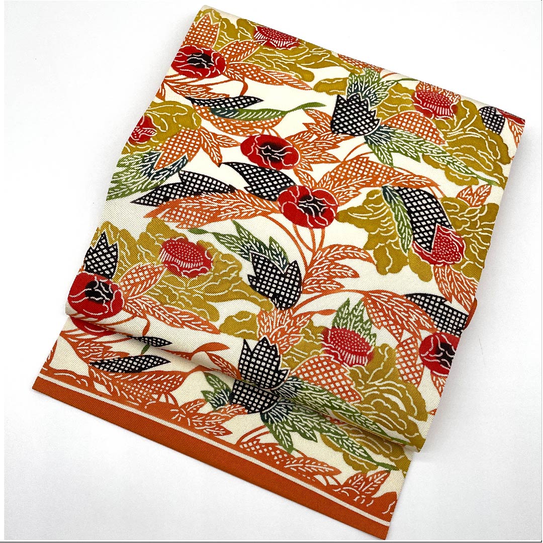 Nagoya obi, red lead, Kyoto Bingata, abstract floral pattern, obi length 363cm, pure silk, S rank, point pattern, casual, orange, 1124004812326, Nagoya style