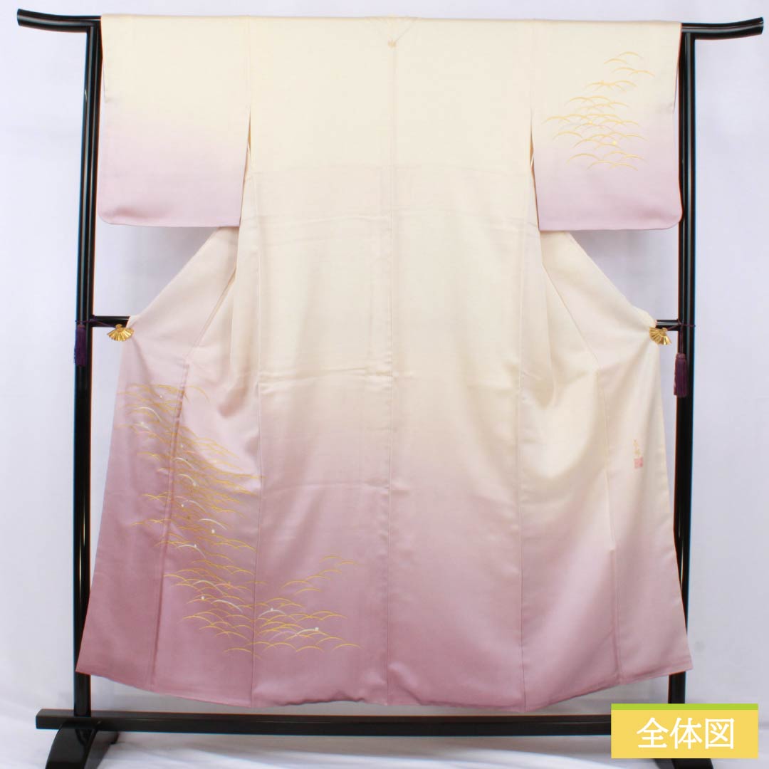 Visiting Kimono, Pure Silk, B-Rank, Lined, Length 154.5cm, Sleeve Length 64cm, Off-White (Kinari-Iro), Designed by Living National Treasure Yoshishige Fukuda, Single Crest, Ueda Family Paulownia Wood Embroidery, Cream, Product Number: 1112006824215