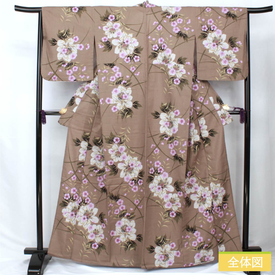 Cotton Yukata, Length 163.5cm, Sleeve Length 65.5cm, S Rank, Single Layer, Beige, Brownish Gray, Pink, 1118006202425