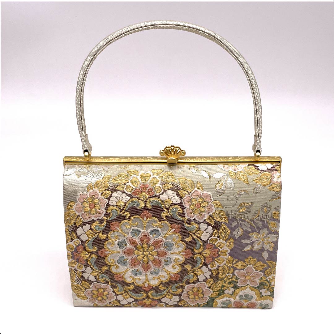 Formal Japanese style bag, silver (gin-iro), Chinese flower pattern, floral design, for Tomesode, silver, S rank, 113900024222