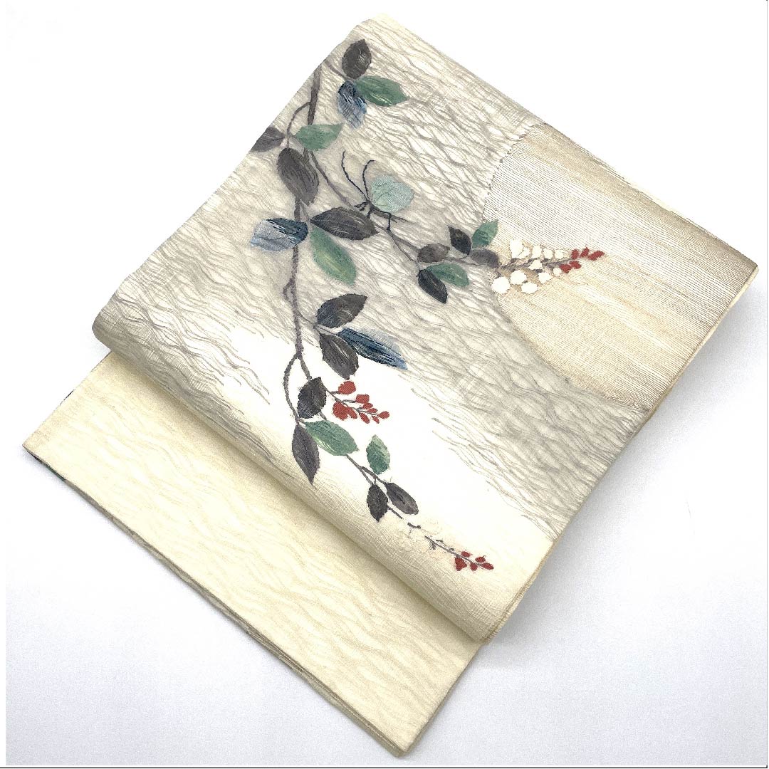 Fukuro Obi (sash) in off-white, summer obi with floral pattern, summer wear, obi length 442cm, pure silk, A rank, point pattern, casual, cream color, 1123007753315