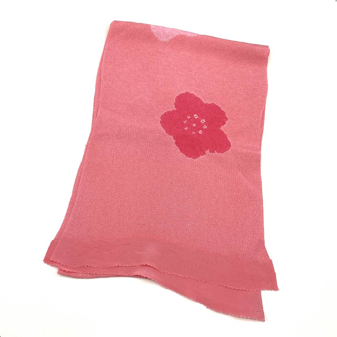 Obiage Chirimen Casual Medium crimson color (Nakano Kurenaiiro) Shibori Plum Flower pattern Length approx. 164cm Width approx. 27cm S rank Pink 1136000322913