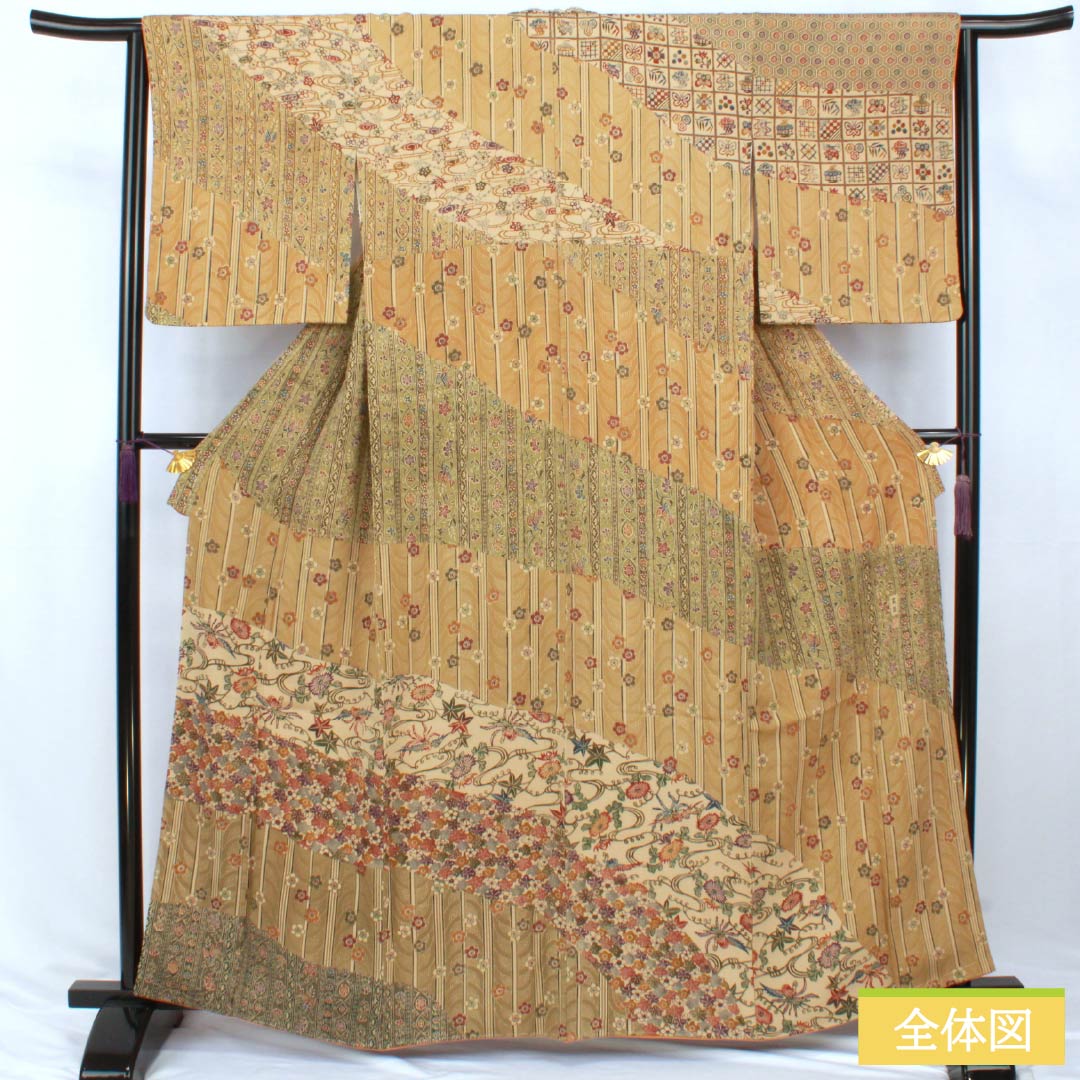 訪問着 正絹 Sランク 袷 身丈161.5cm 裄丈64.5cm 土布色(トウプースーいろ) 小麦色(こむぎいろ) 京紅型 型染 玄匠 古典柄 ベージュ系 1112007622425