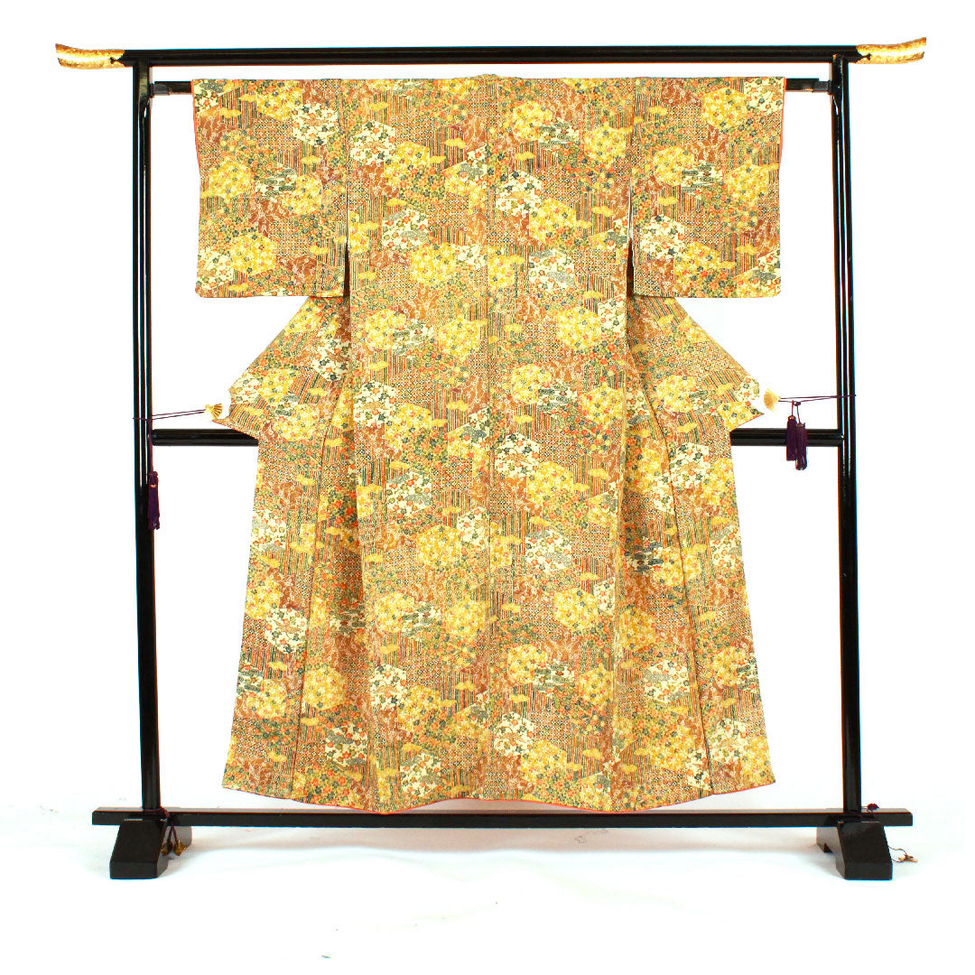 小紋 身丈155cm 裄丈63cm 袷 亀甲 吉祥文様 正絹 Sランク 黄系 1115001452323