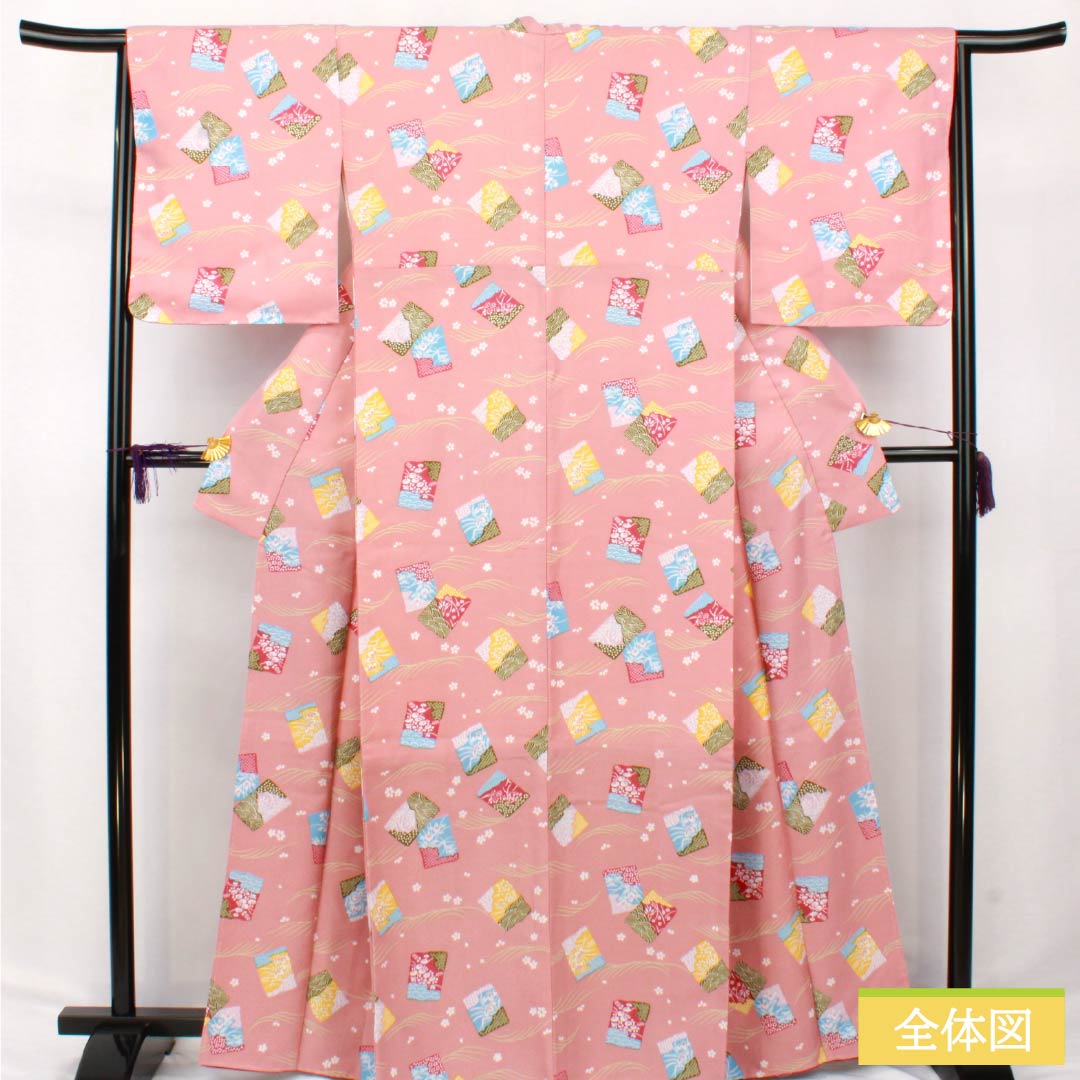 Small-patterned kimono, polyester, S rank, length 165.5cm, sleeve length 66cm, lined, pale pink plum color (usukoubaiiro), classic pattern, with basting thread, washable, pink, 1115007042513