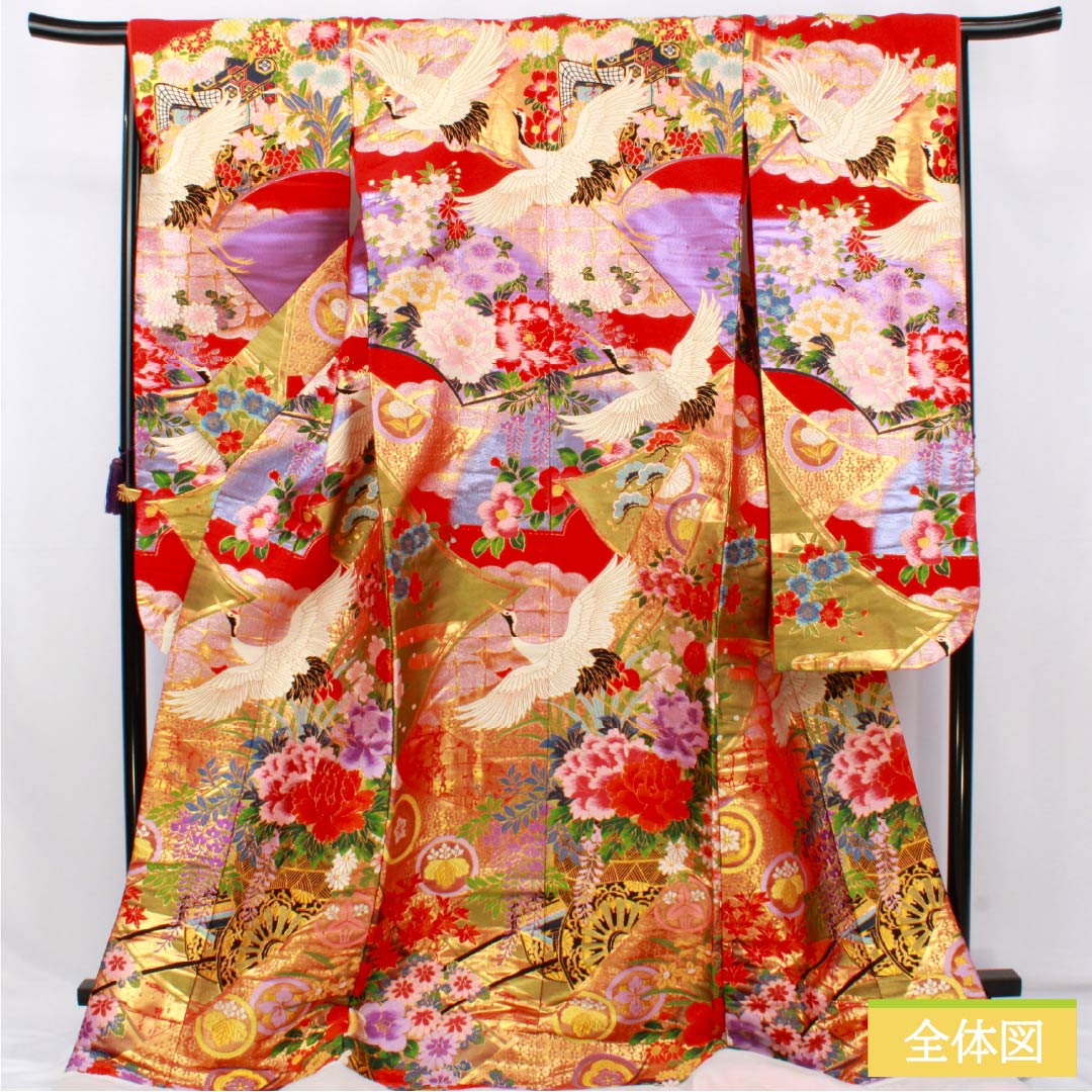 色打掛 正絹 Sランク 身丈191cm 裄丈64cm 赤色(あかいろ) 唐織 吉祥文様 鶴 花車 袷 赤系 1110001062912