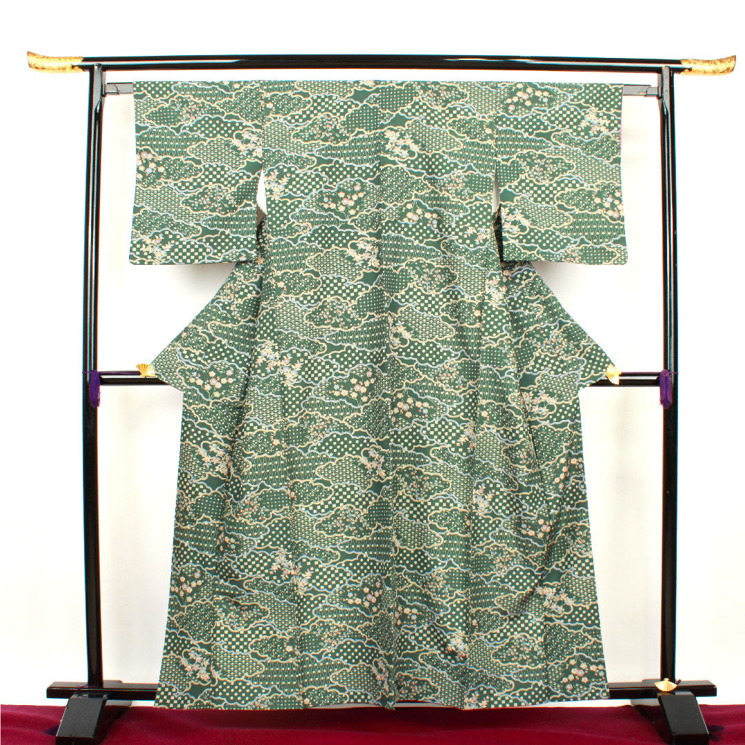 Small pattern, Length 160cm, Sleeve length 62.5cm, Awase, Light green, Washable kimono, Cloud pattern, Floral pattern, Polyester, S rank, Green, 1115002572419