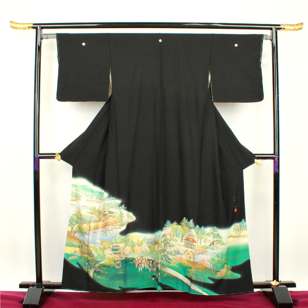 Black formal kimono, length 159.5cm, sleeve length 64.5cm, lined, by artist, Senju Ohashi, bellflower, pure silk, A rank, five crests, black, 1111000543310