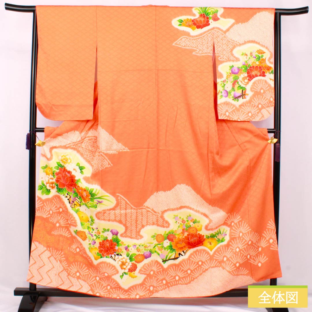 Visiting Kimono, Pure Silk, A-Rank, Lined, Length 158cm, Sleeve Length 62cm, Red-Orange, Kyoto Yuzen Dyed, Auspicious Motif, Neriko Diamond, Flower, Orange, Item Number 1112007513326