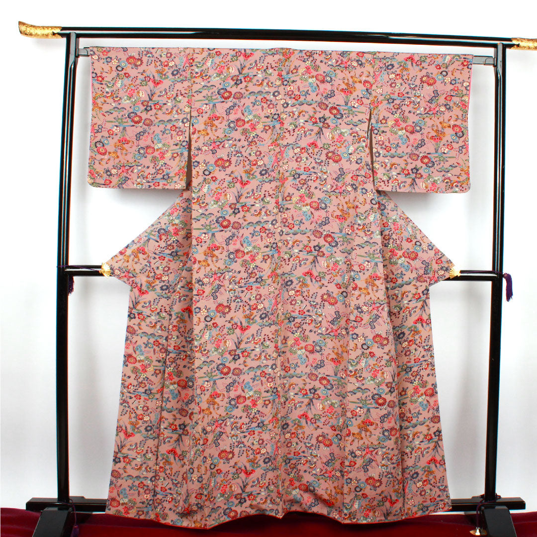 小紋 身丈159.5cm 裄丈64.5cm 袷 銀煤竹色 型染 草花模様 正絹 Sランク 朱系 1115002212316