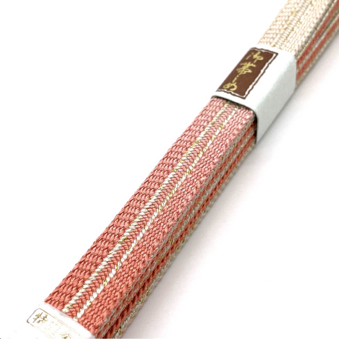 (Like new) Pure silk obijime (sash band) with a washed vermilion finish, featuring metallic threads and specially selected gold and silver threads. Approximately 168cm long, 1.5cm wide, semi-formal, S rank, pink. Product code: 1135002322313