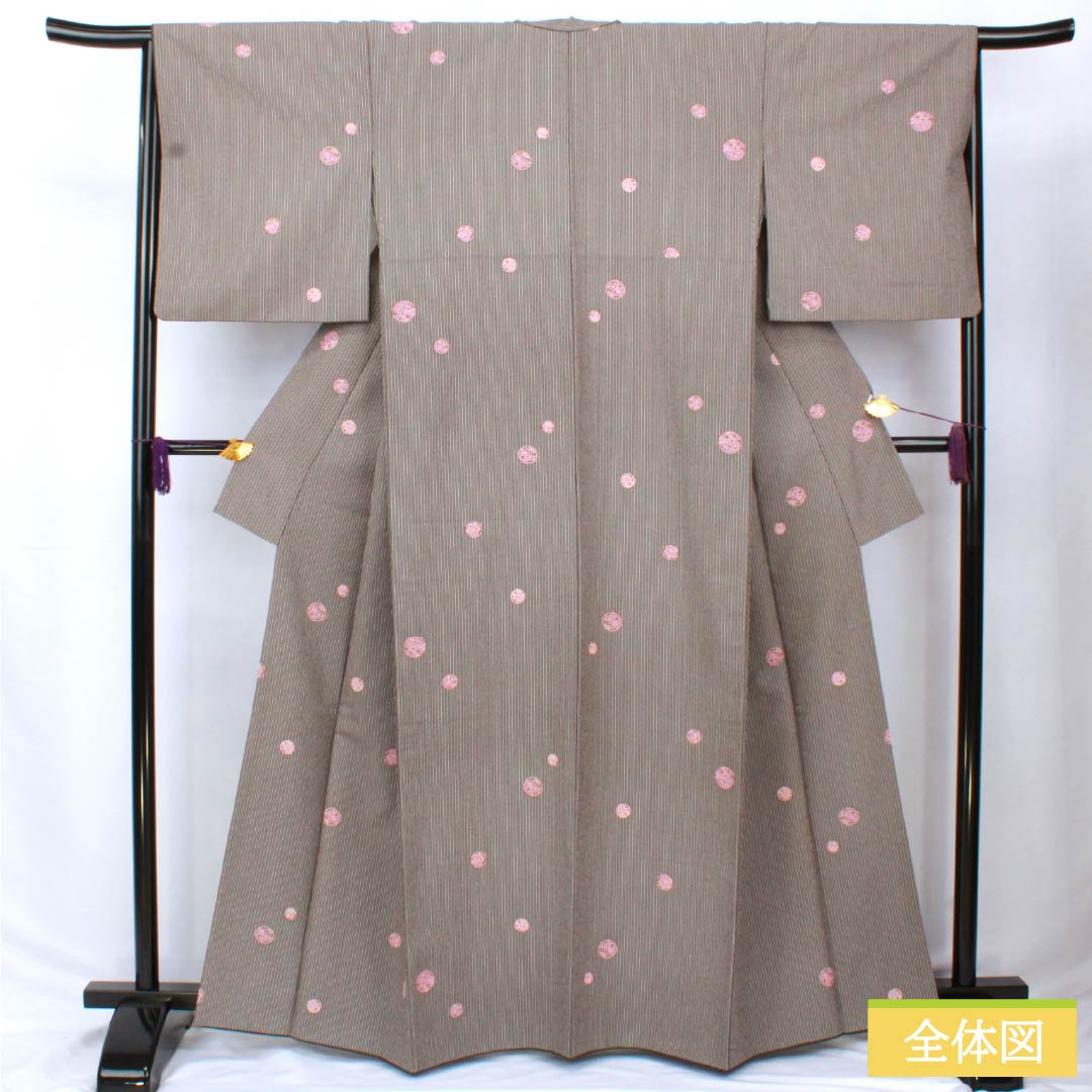 Komon (small pattern) kimono, polyester, length 163.5cm, sleeve length 65.5cm, lined, black-gray (kuronezui) with stripes and floral print, washable, rank A, black, product number 1115006023410