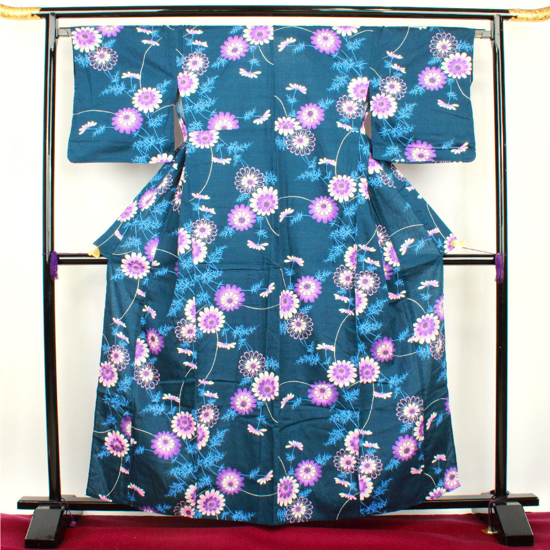 Yukata, deep blue, cosmos, cotton, A rank, single layer, length 163cm, sleeve length 66.5cm, navy blue, 1118000963418