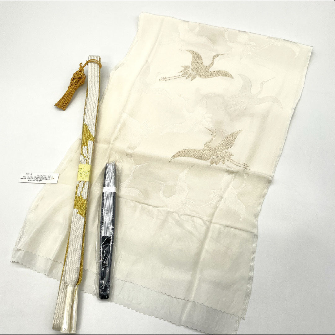 (新古品) 帯締め・帯揚げセット 正絹 NEWランク 白色(しろいろ) 乳白色(にゅうはくしょく) 古典柄 鶴 長さ約160cm 幅約1.7cm フォーマル 白系 1141000461311