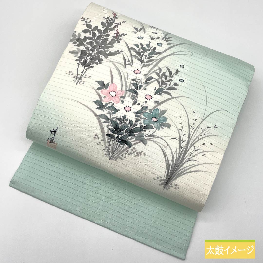 名古屋帯 正絹 薄浅葱色(うすあさぎいろ) 夏帯 作家物 染め帯 帯丈379cm Sランク ポイント柄 セミフォーマル 緑系 1124008552319 名古屋仕立て