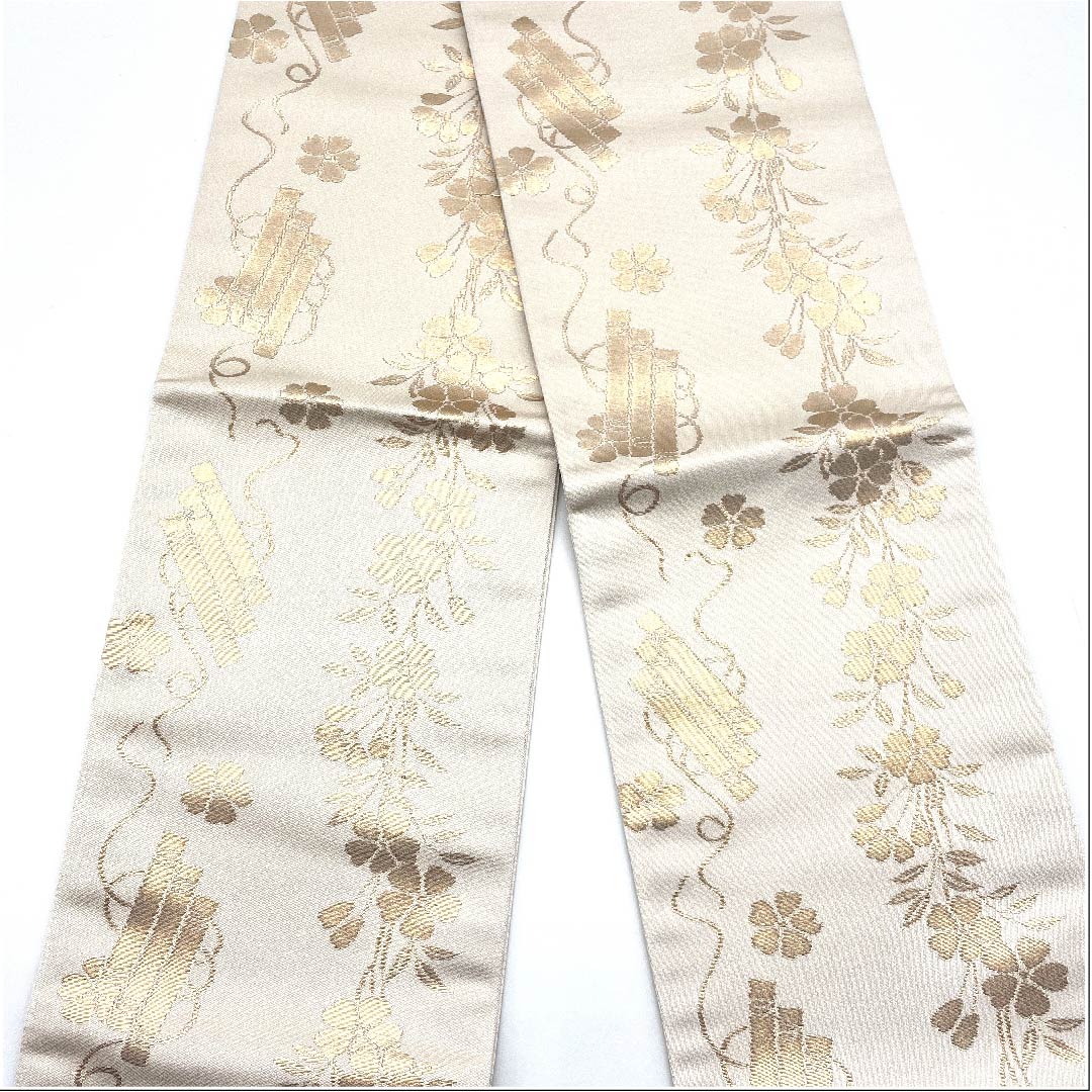 【未仕立】半幅帯 正絹 NEWランク 胡粉色(ごふんいろ) 花笩 新品未使用品 帯丈453cm クリーム系 1125000321415