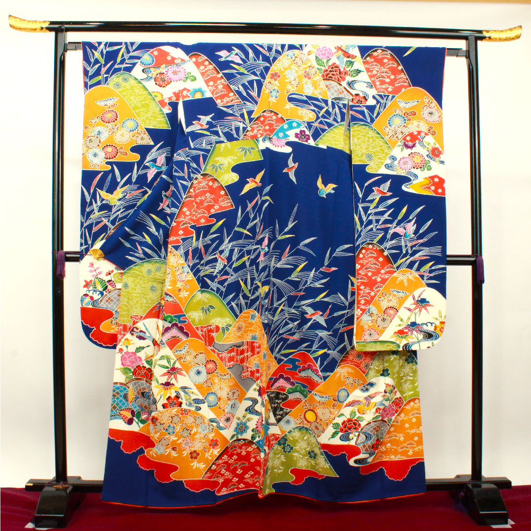 振袖 身丈160cm 裄丈65cm 袷 瑠璃色 京紅型 吉祥文様 正絹 Aランク 紺系 1113001753418
