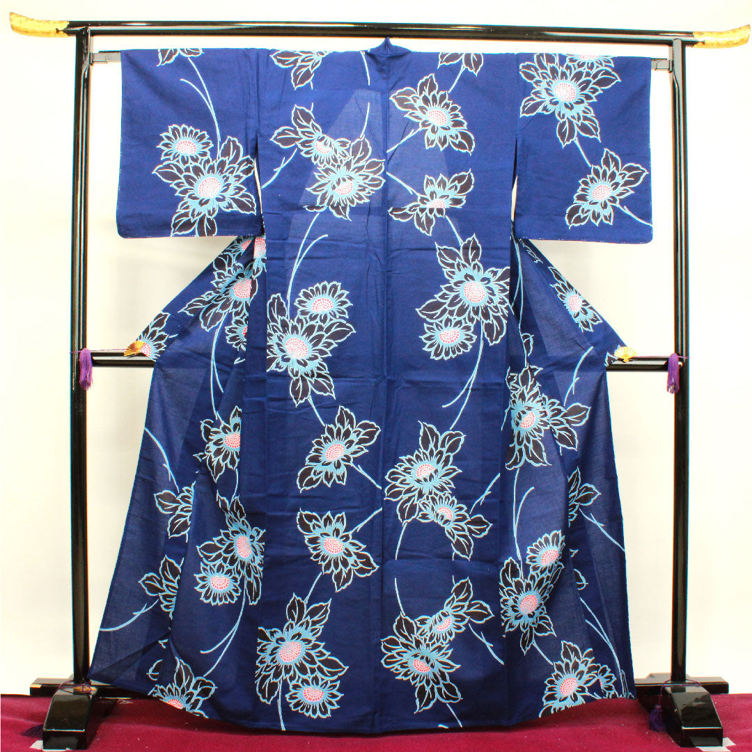 浴衣 しつけ糸付き 未使用品 濃紺色 向日葵 木綿 Sランク 単衣 身丈165cm 裄丈64.5cm 紺系 1118002752518