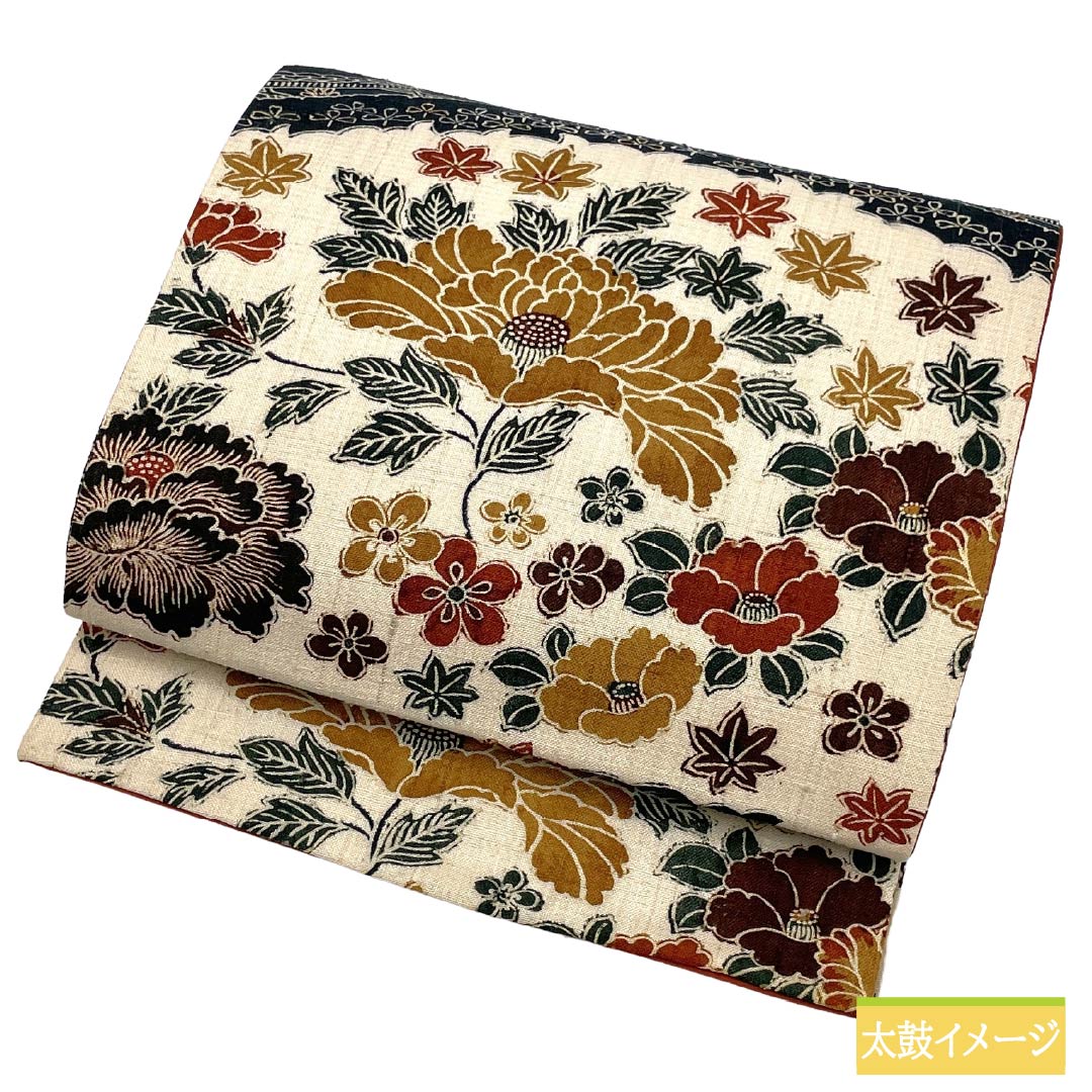 名古屋帯 正絹 Sランク 開き仕立て 練色(ねりいろ) 型染 草花模様 花柄 帯丈372cm 全通 カジュアル クリーム系 1124012172315