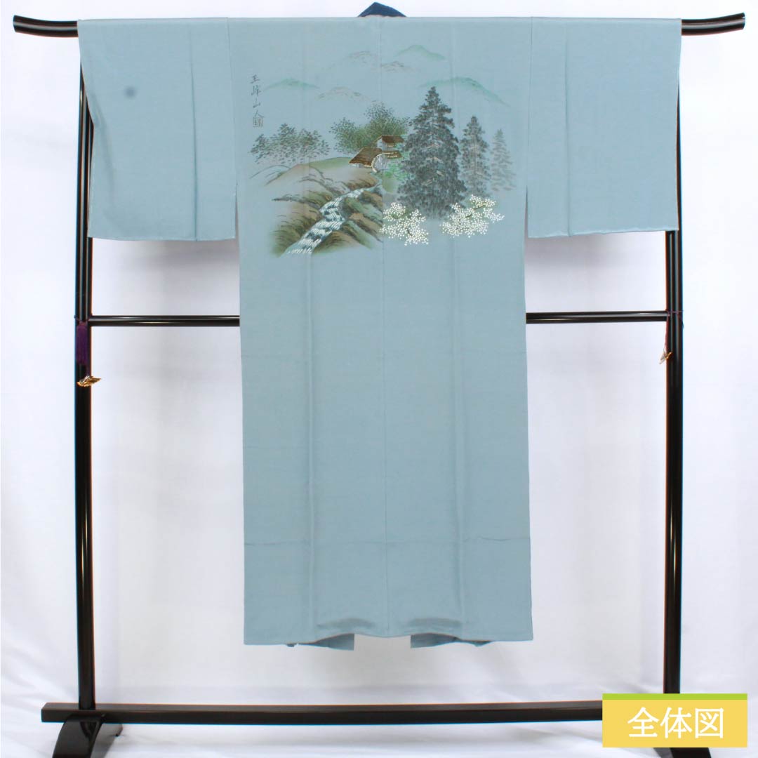 Men's Nagajuban (long under-kimono), Pure Silk, Grade A, Length 137cm, Sleeve Length 64.5cm, Oborohanairo (Oborohana Iro) with Landscape Painting, Single-layer, Light Blue, 1140000763324