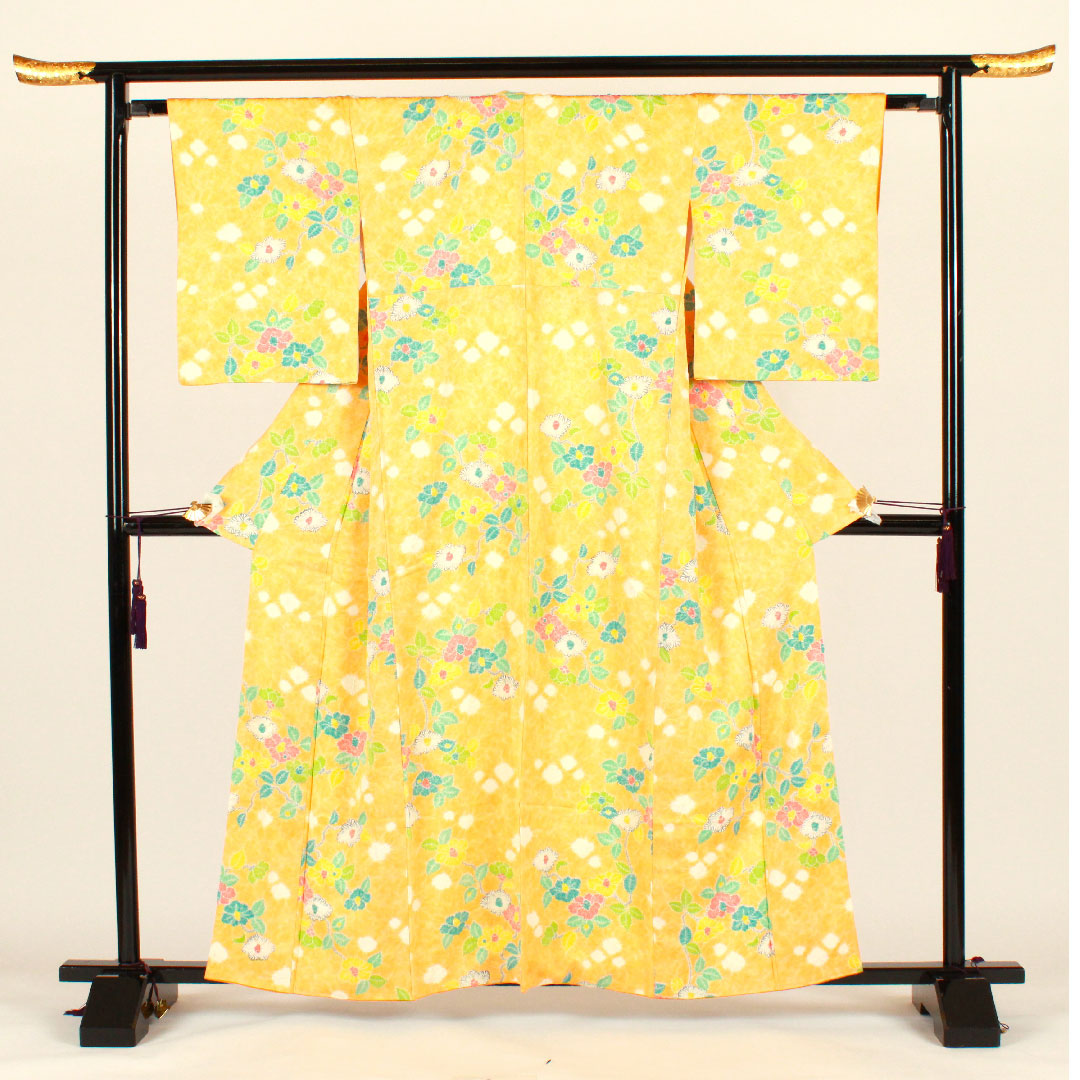 Komon, Length 159cm, Sleeve length 63cm, Awase, Shibori, Floral pattern, Pure silk, B rank, Yellow, 1115001924323