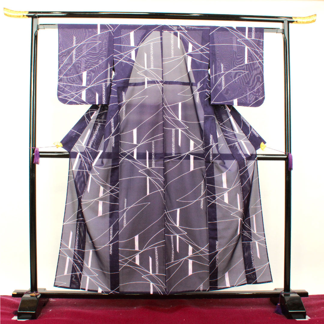 Summer item, polyester, small pattern, length 158.5cm, sleeve length 60.5cm, purple navy blue, bamboo, basting thread included, unused item, silk gauze, S rank, purple, 1132000942320