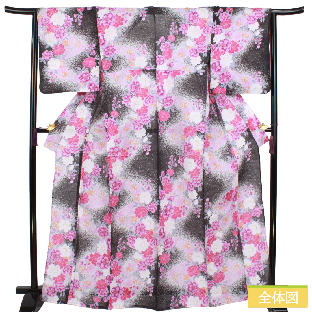 浴衣 木綿 Sランク 身丈166.5cm 裄丈65.5cm 石板色(せきばんいろ) ボカシ染 洋花 型染 単衣 グレー系 1118006872522