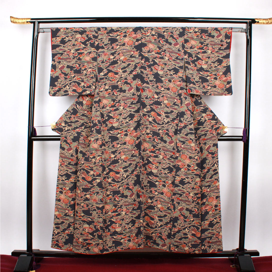 Small pattern, Length 154.5cm, Sleeve length 60.5cm, Lined, Blue-brown, Stencil dyeing, Floral pattern, Pure silk, A rank, Navy blue, 1115002293218