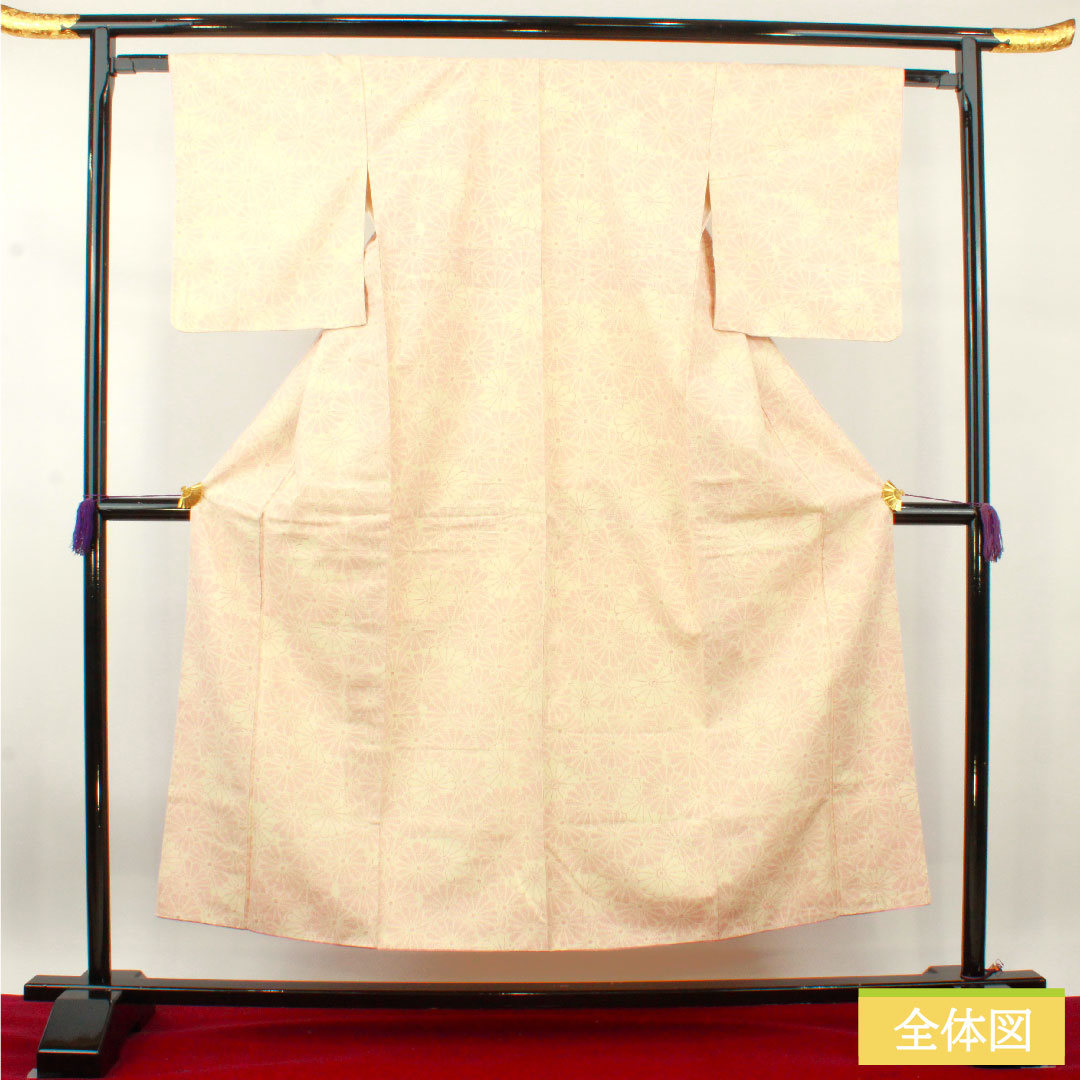 紬 正絹 身丈152.5cm 裄丈62cm 菊 しつけ糸付き 未使用品 Sランク 袷 クリーム系 1116003442215