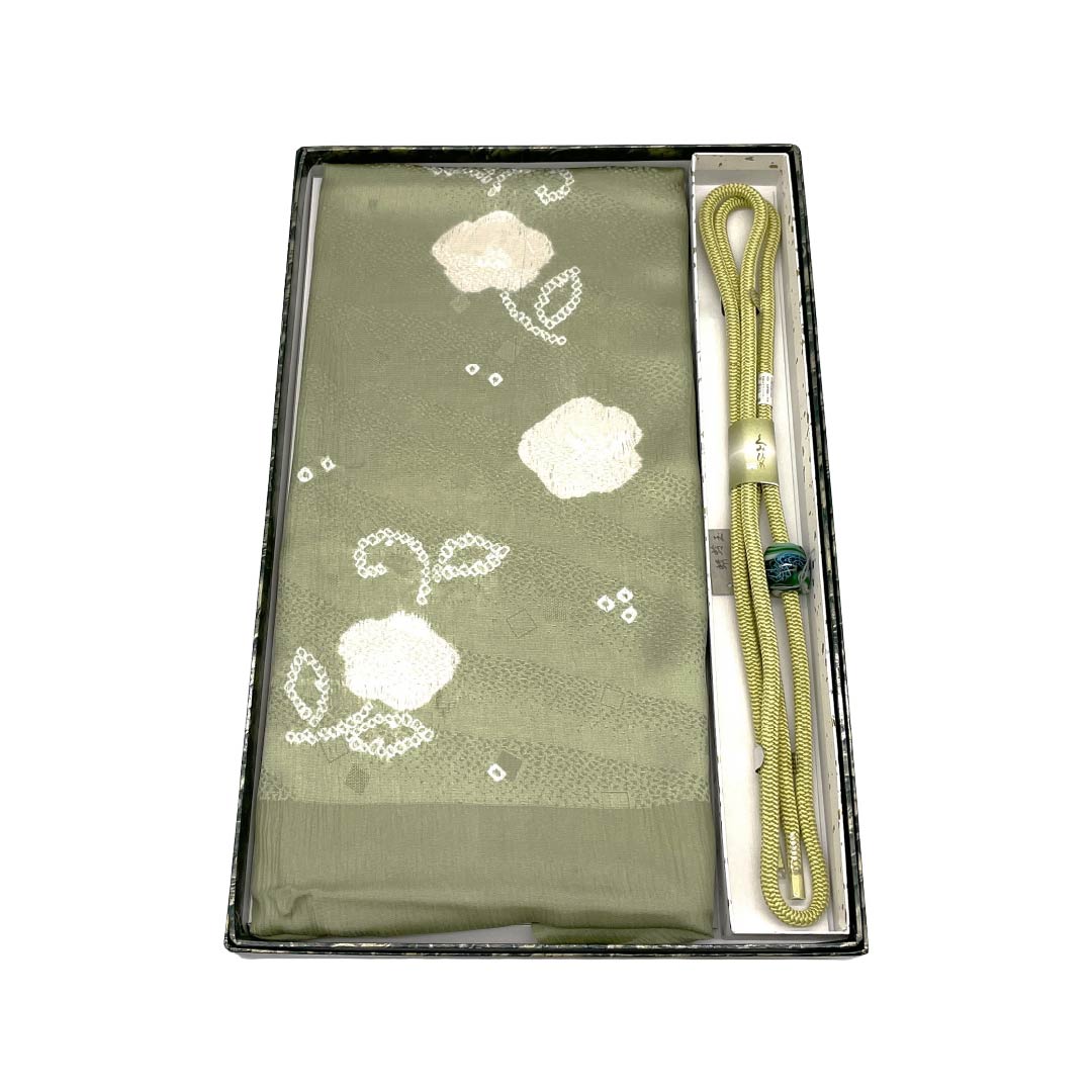 (新古品) 帯締め・帯揚げセット 正絹 NEWランク 利休鼠色(りきゅうねずいろ) 嫩黄色(どんこうしょく) 古典柄 トンボ玉付 長さ約160cm 幅約0.8cm カジュアル 緑系 1141000621319