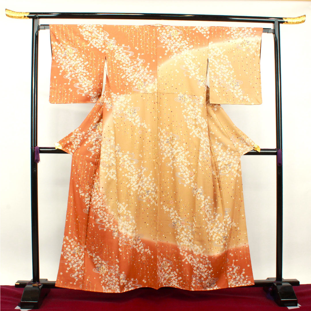 Homongi, pure silk, lined, length 159cm, sleeve length 64cm, Kyoto Yuzen, cherry blossom, with basting thread, unused, S rank, gradation, 1112003132399