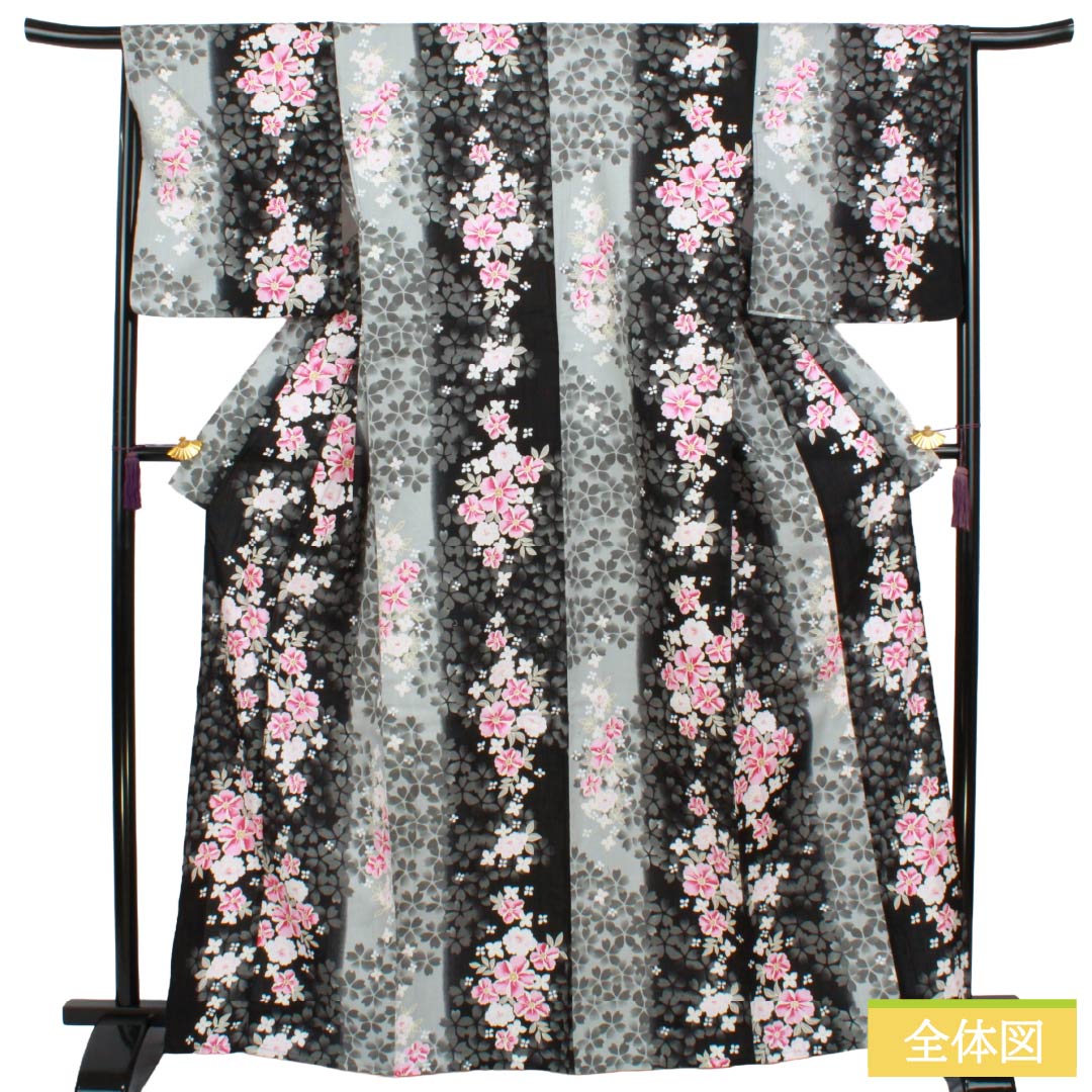 浴衣 木綿 Sランク 身丈165cm 裄丈66cm 黒色 ブルーグレー 桜 洋花 単衣 モノトーン 1118006922527