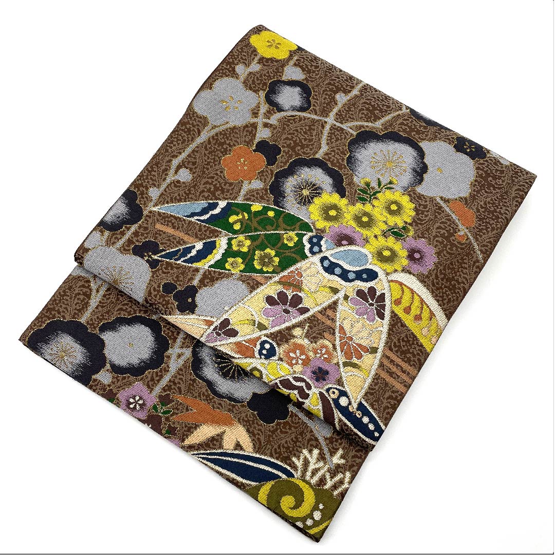 袋帯 鳶色(とびいろ) 松竹梅 桜 白綾苑大庭 帯丈432cm 正絹 Aランク 六通 フォーマル 茶系 1123006153314