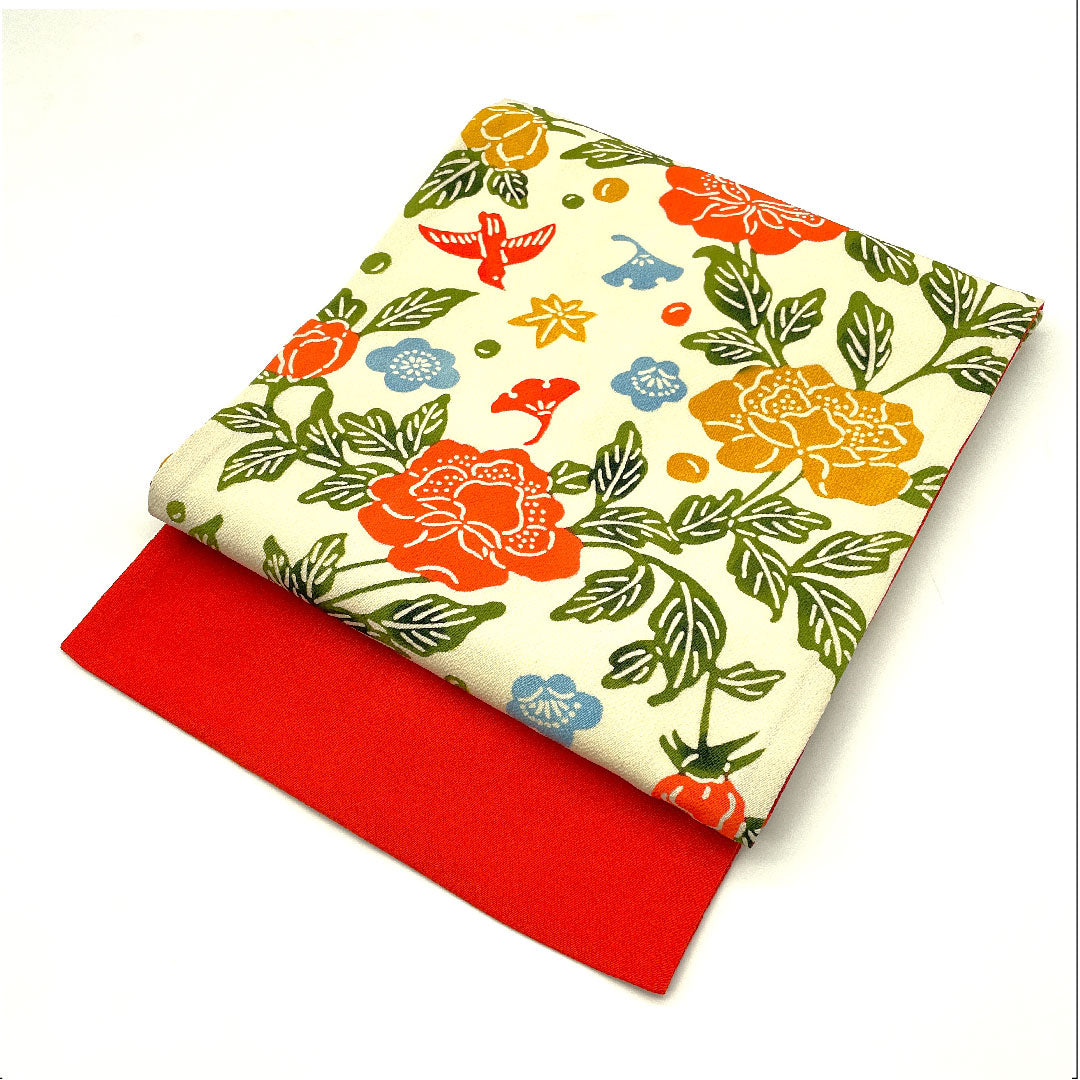 Nagoya obi, stencil-dyed obi, flower and bird pattern, obi length 378cm, pure silk, A rank, full length, casual, cream color, 1124002033315