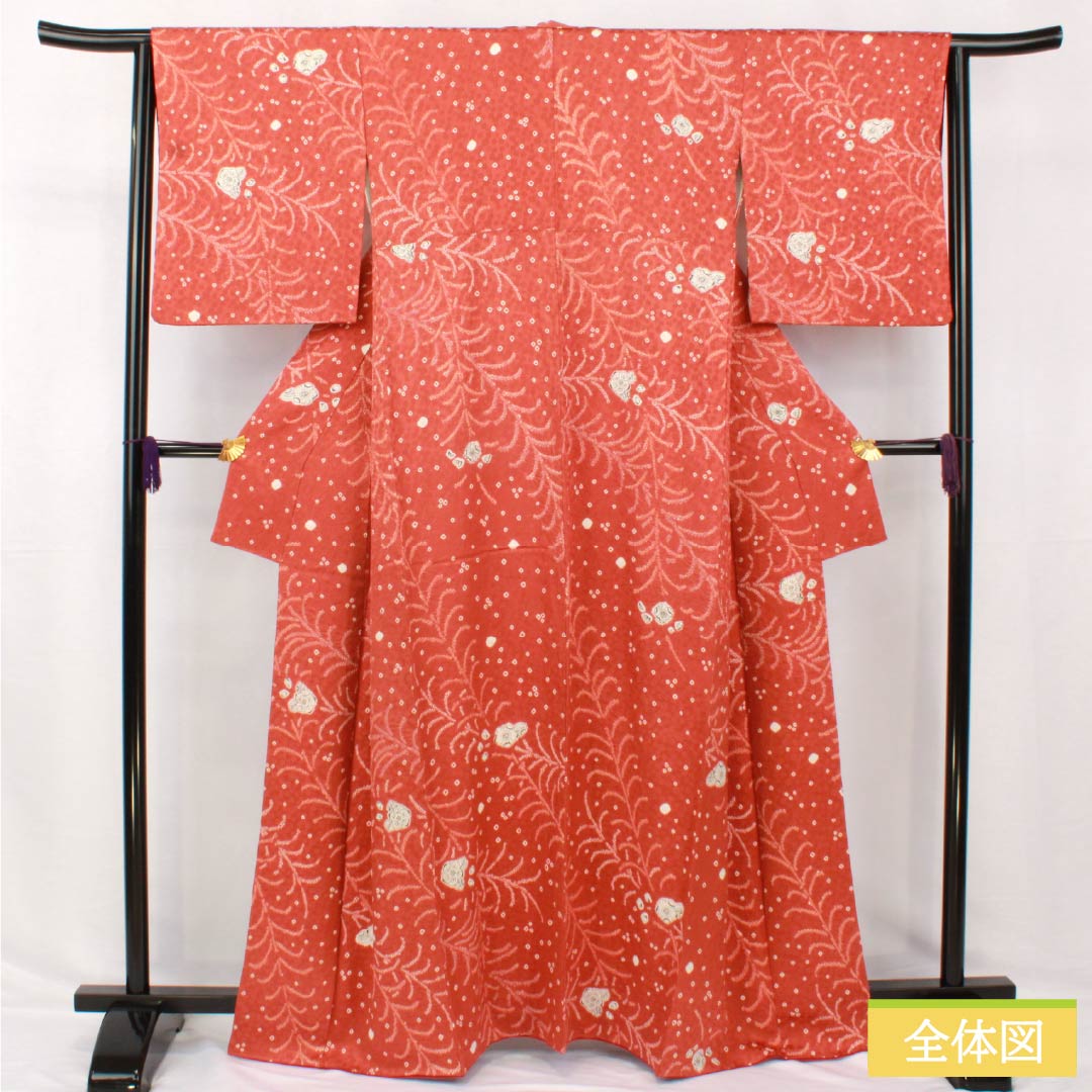 Komon, pure silk, length 163cm, sleeve length 65cm, lined, scarlet copper color, tie-dye, Tsujigahana, S rank, vermilion, 1115005242416