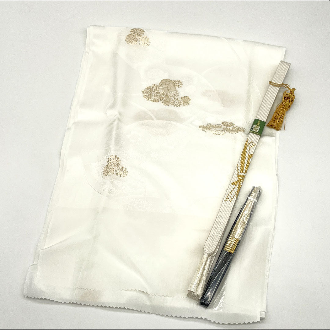 (新古品) 帯締め・帯揚げセット 正絹 NEWランク 白色(しろいろ) 留袖用 古典柄 扇 長さ約160cm 幅約1.7cm フォーマル 白系 1141000451311