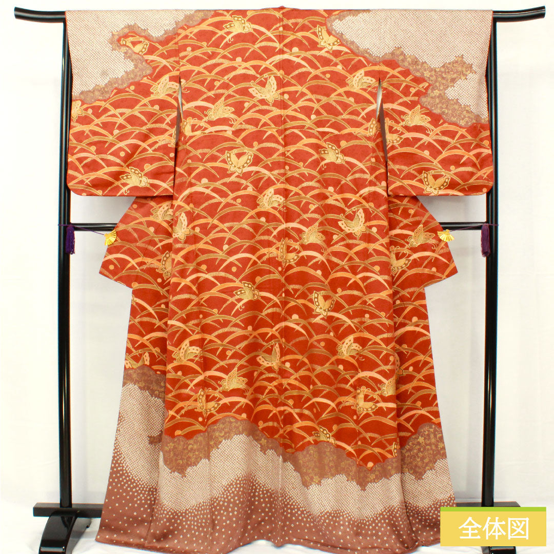 Homongi, pure silk, lined, length 163.5cm, sleeve length 64.5cm, Akatsuki Nezuiro, Kyo-Yuzen, butterfly, dew grass, S rank, brown, 1112004922414
