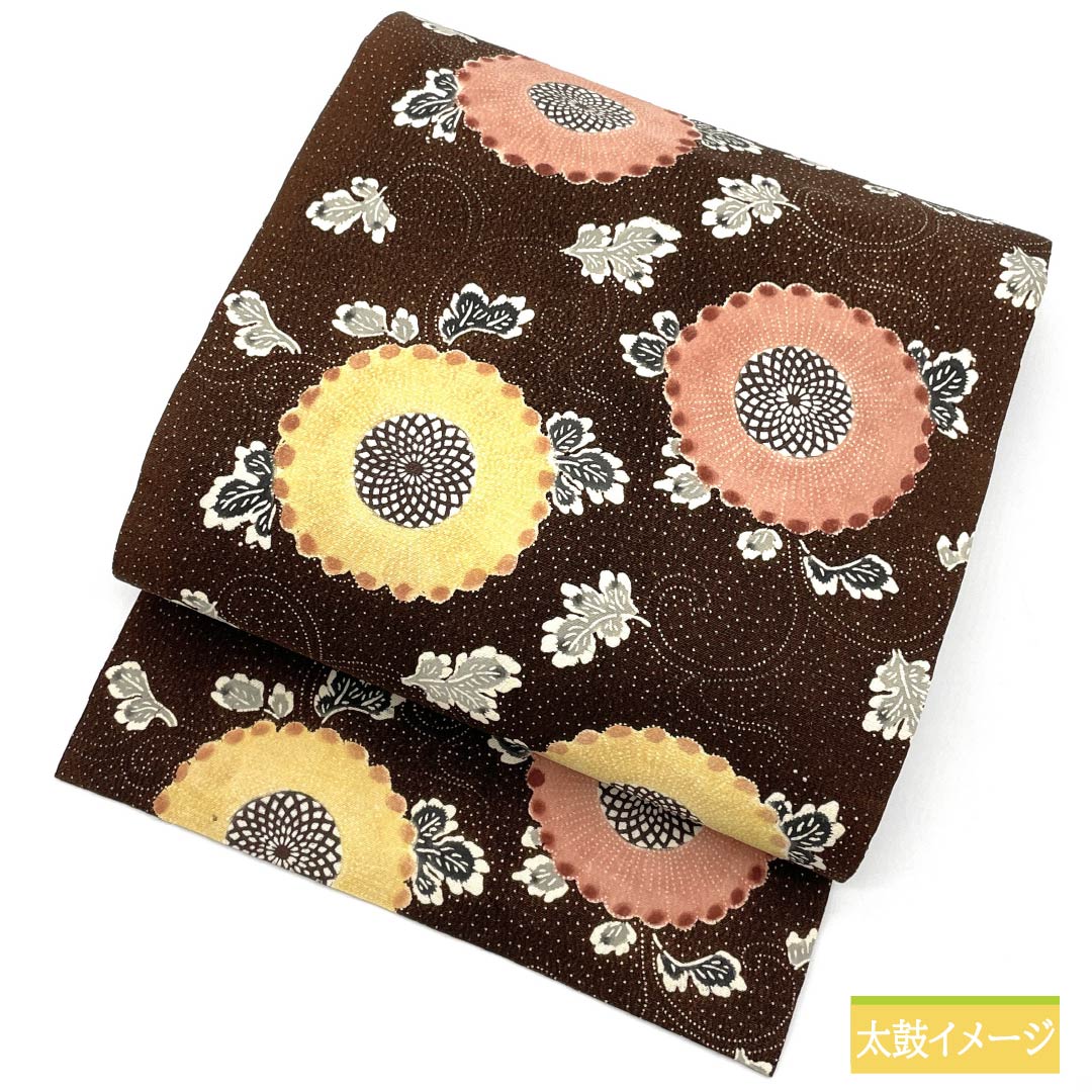 Nagoya obi, Constitution brown (Kenpou chairo), dyed obi, floral arabesque, obi length 365cm, pure silk, S rank, six-pass, casual, brown, 1124007582314, Nagoya-made