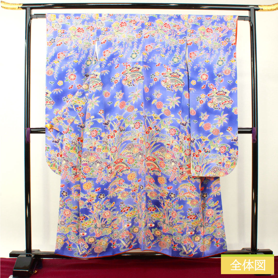Furisode, pure silk, length 156cm, sleeve length 62.5cm, lined, Kyoto Bingata, auspicious pattern, A rank, navy blue, 1113001893318