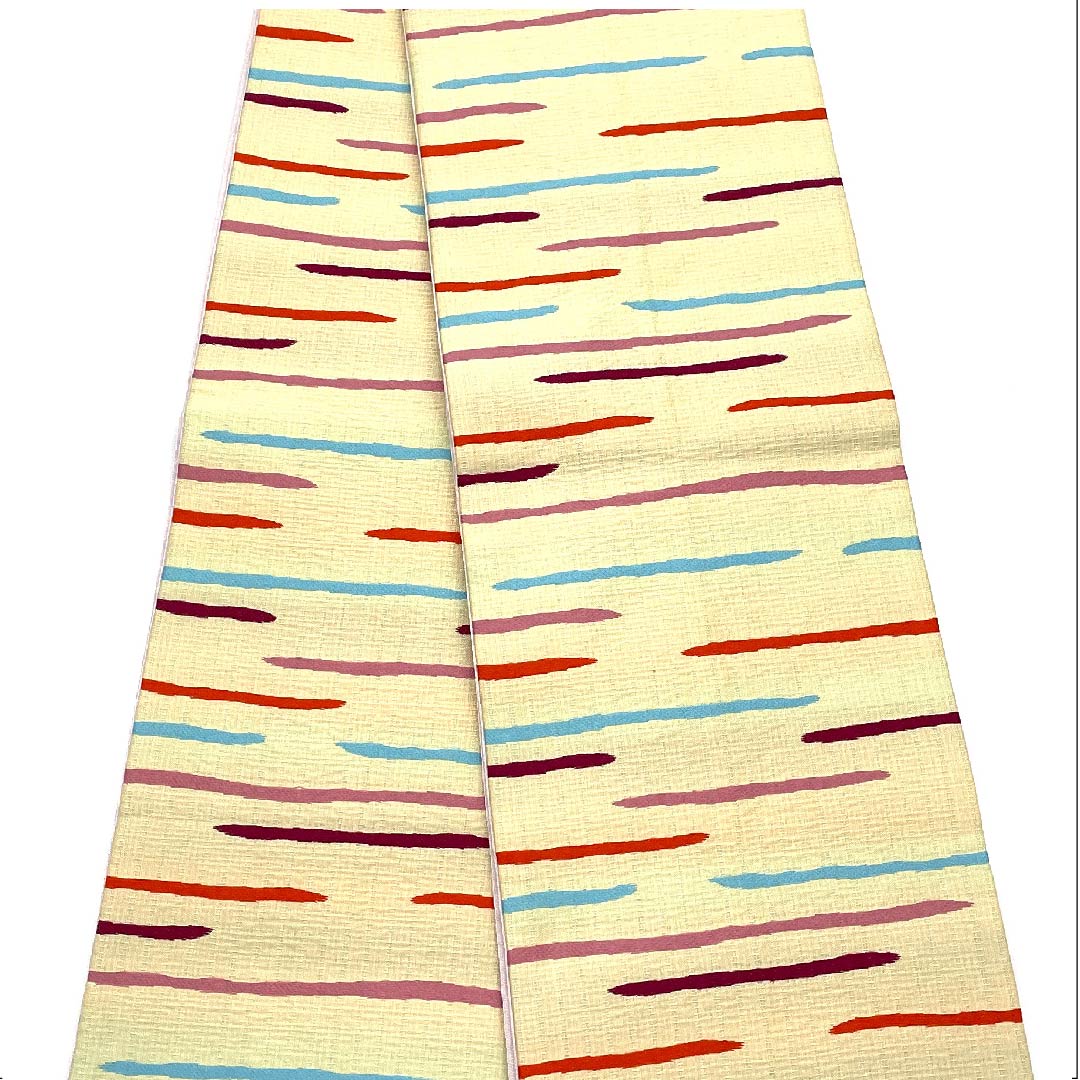 Half-width obi, polyester, Gyoshikou, geometric pattern, horizontal lines, colorful, obi length 394cm, cream color, S rank, 1125000892315